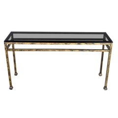 Modern Iron Console Sofa Table Gold Hammered Look & Smoked & Beveled Glass Top
