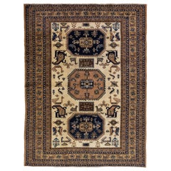 Antique Heriz Handmade Medallion Beige & Brown Wool Rug