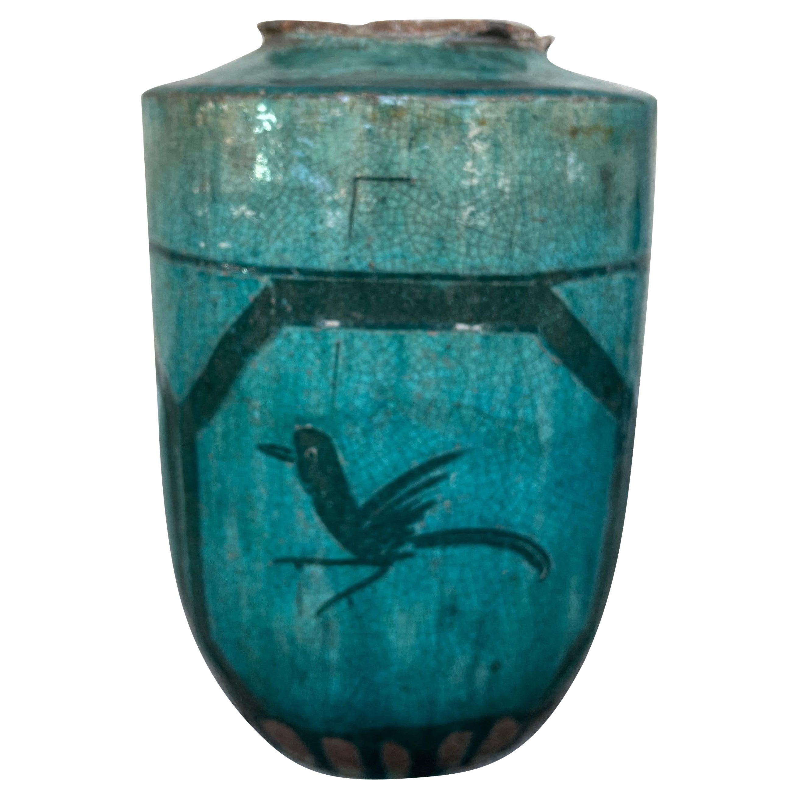 Antique Chinese Hand Painted Ceramic Jar with Bird Image For Sale