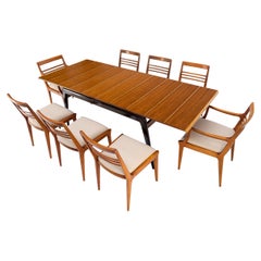 Italian Mid-Century Modern Dining Table 8 Chairs Set New Linen Upholstery Seats