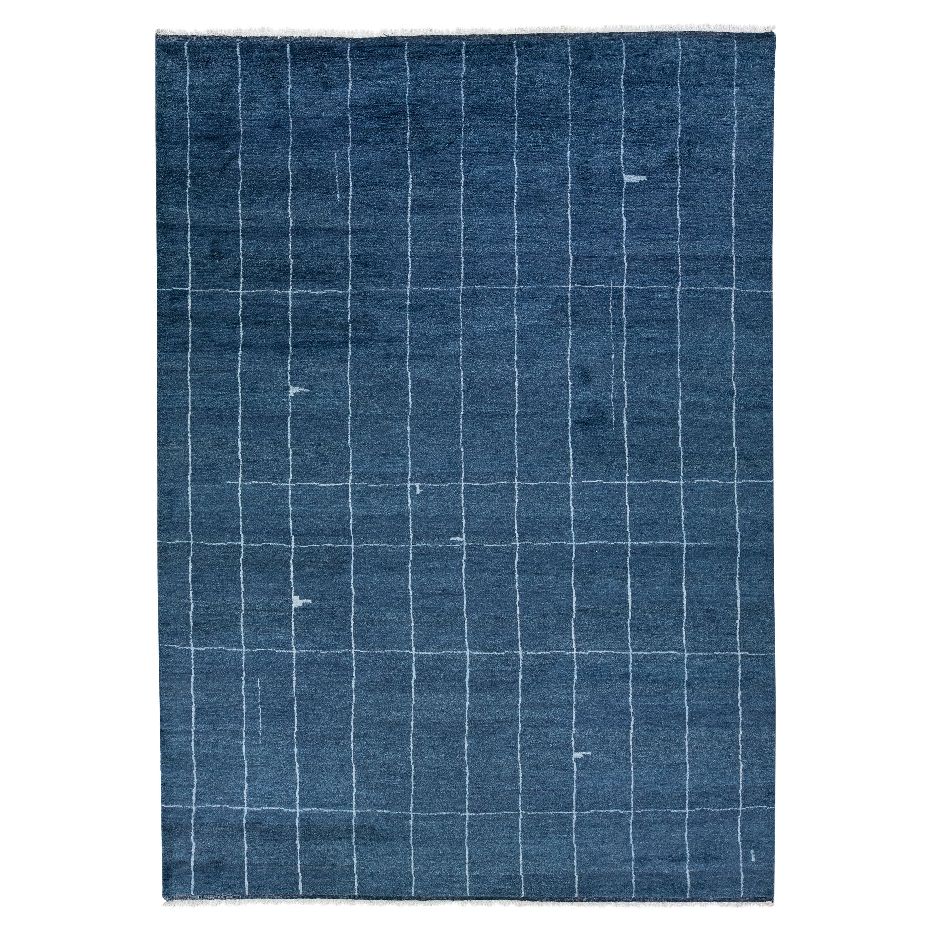 Modern Moroccan Style Handmade Blue Wool Rug with Geometric Tribal