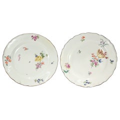 Pair Antique 18c Meissen Neuer Ausschnitt Porcelain Plates with Deutsche Blumen