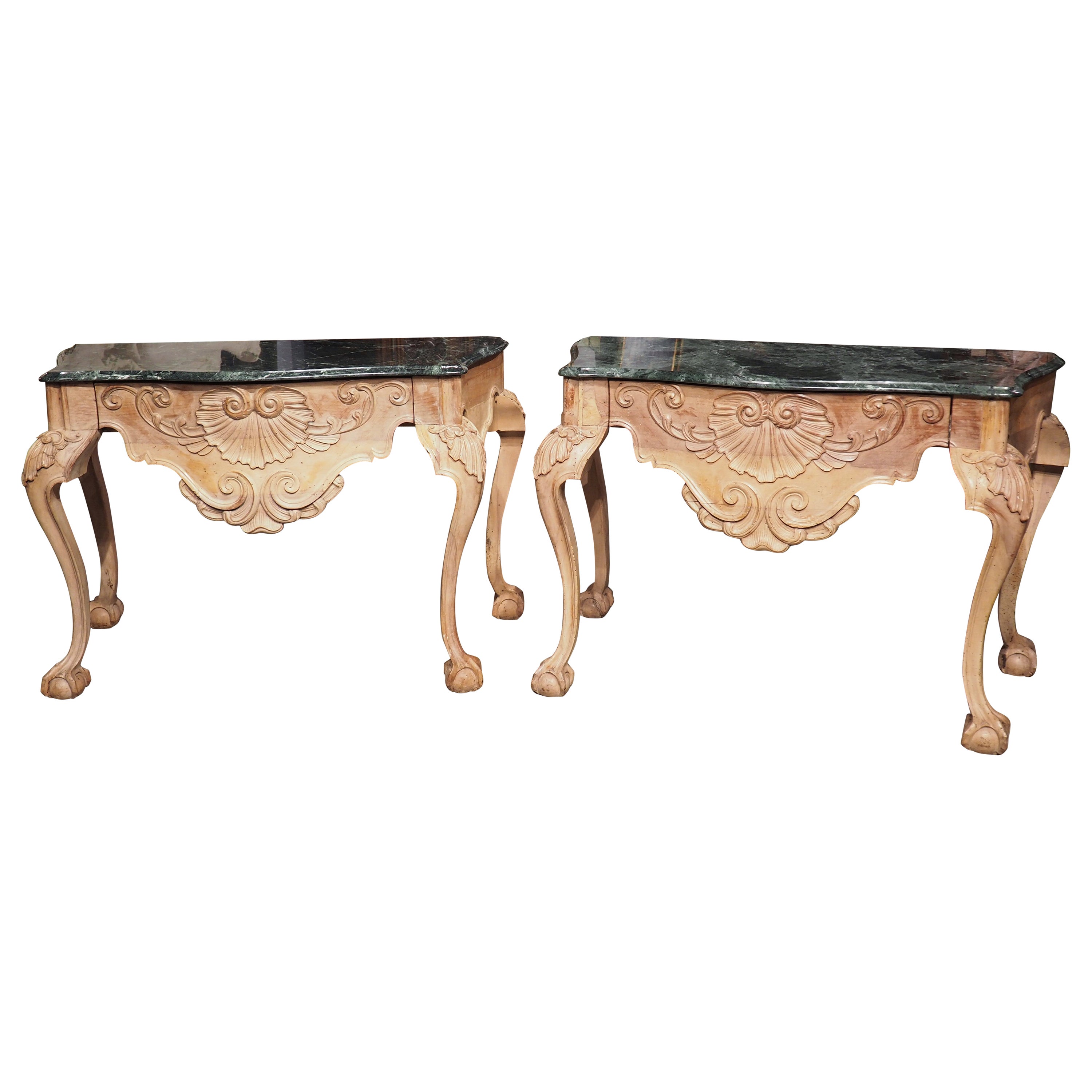 Pair of 18th Century English Ball and Claw Console Tables with Marble Tops For Sale