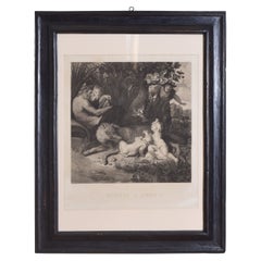 Used Italian Large Engraving of Romulus & Remus, Ebonized Frame, 2nd Half 19th Cen