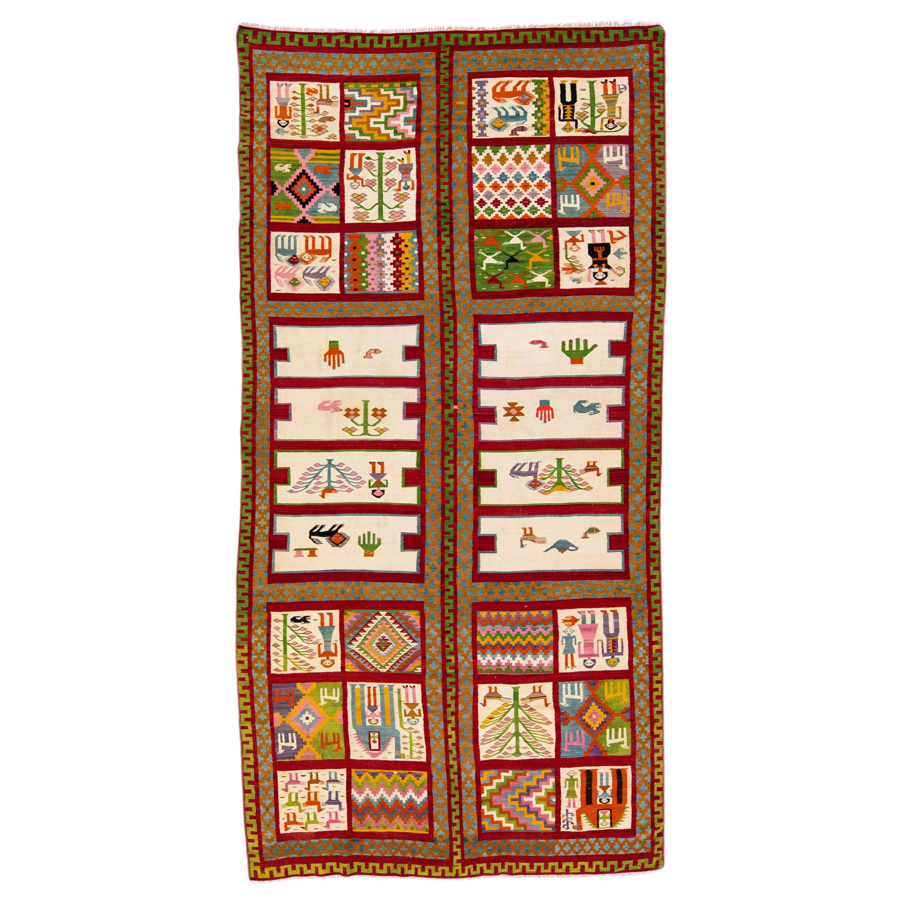 Vintage Shiraz Handmade Kilim Multicolor Gallery Wool Rug with Pictorial Design