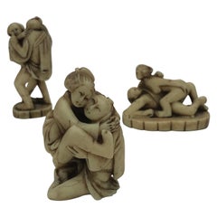 Group of Three Early 1900's Erotic Carved Resin Netsuke Edo Figures in Coitus 