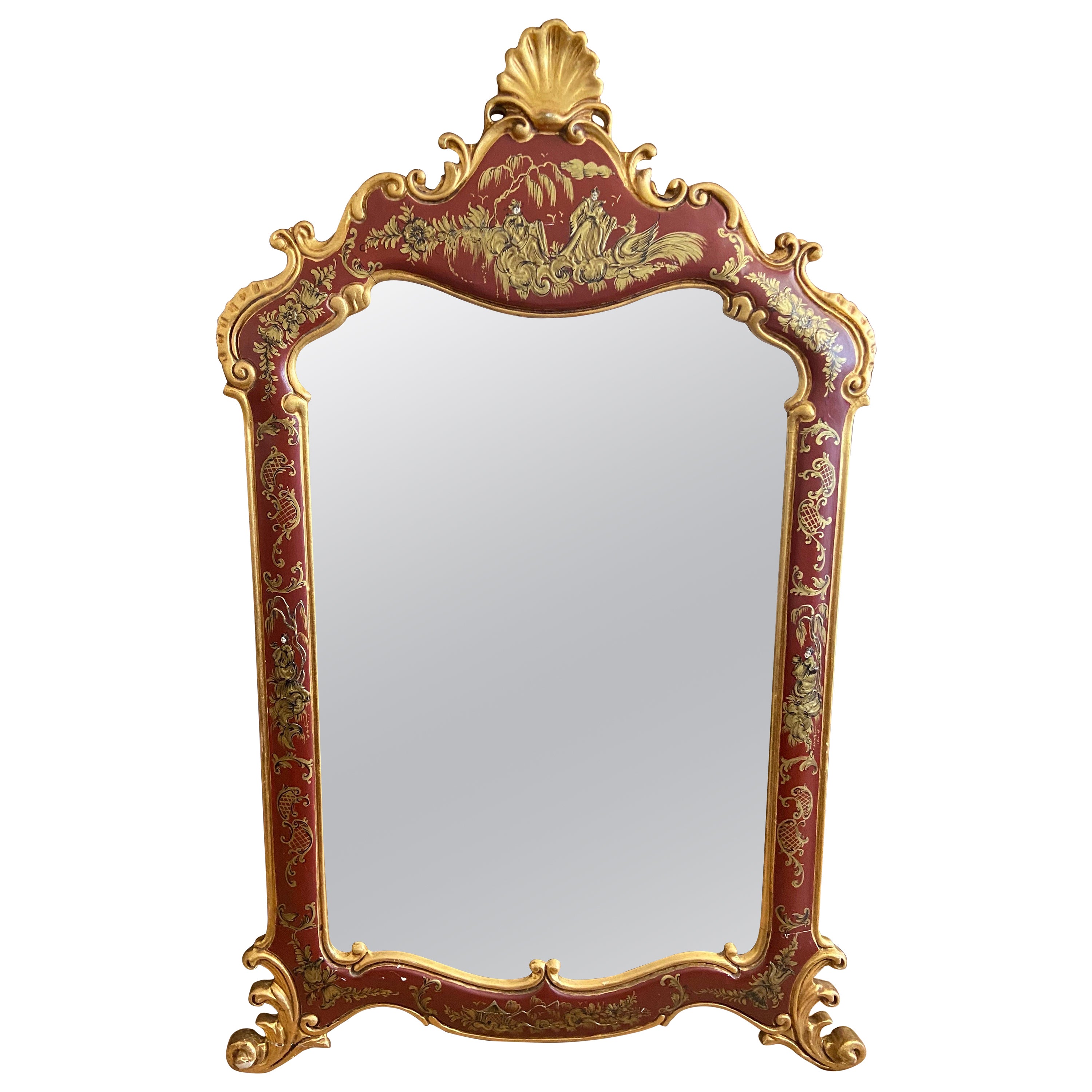 Miroir mural du 20ème siècle en bois doré sculpté et peint à la main en rouge et or