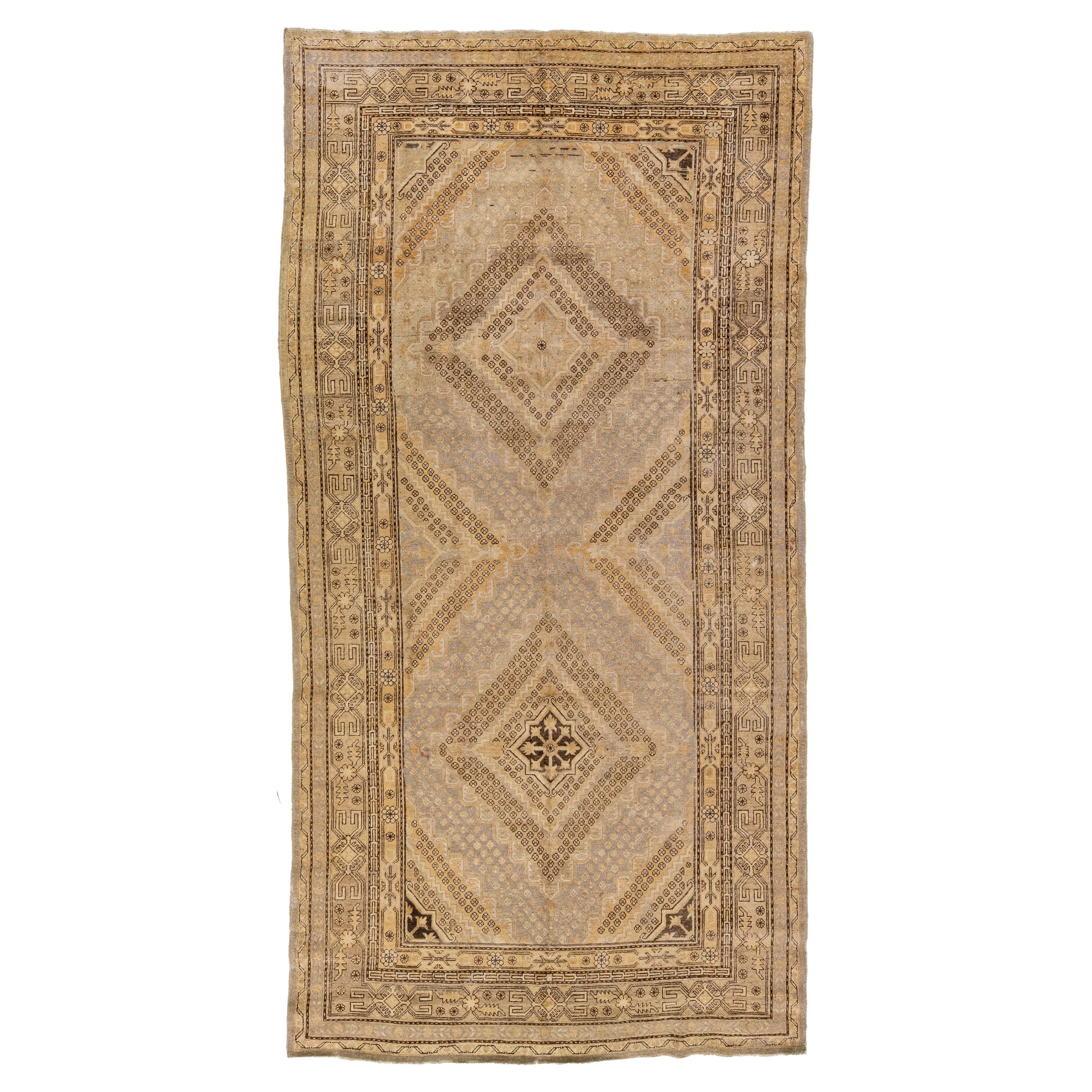 Antique Samarkand Handmade Tan & Gray Wool Rug Tribal Motif For Sale