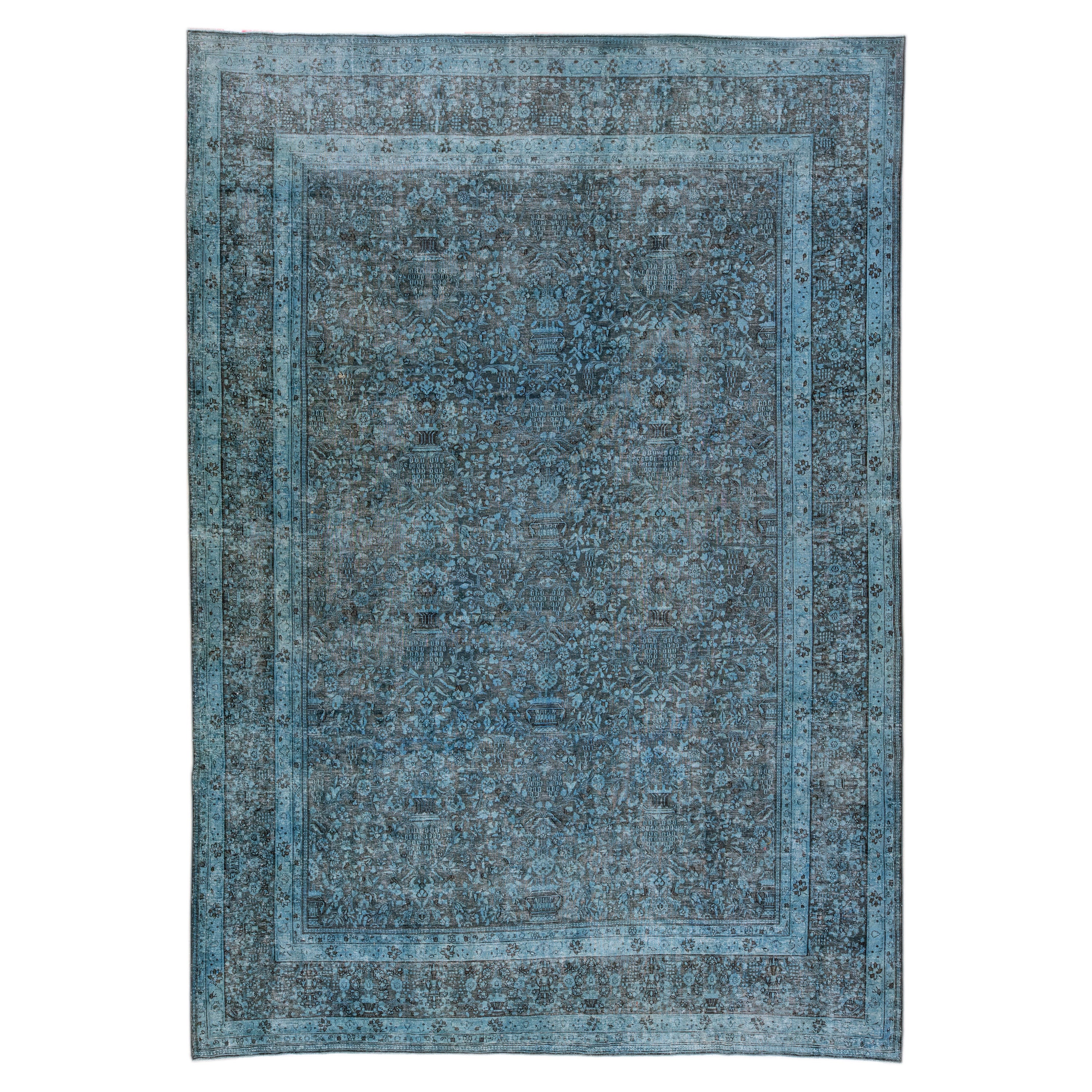 Vintage Persian Overdyed Handmade Floral Blue Wool Rug