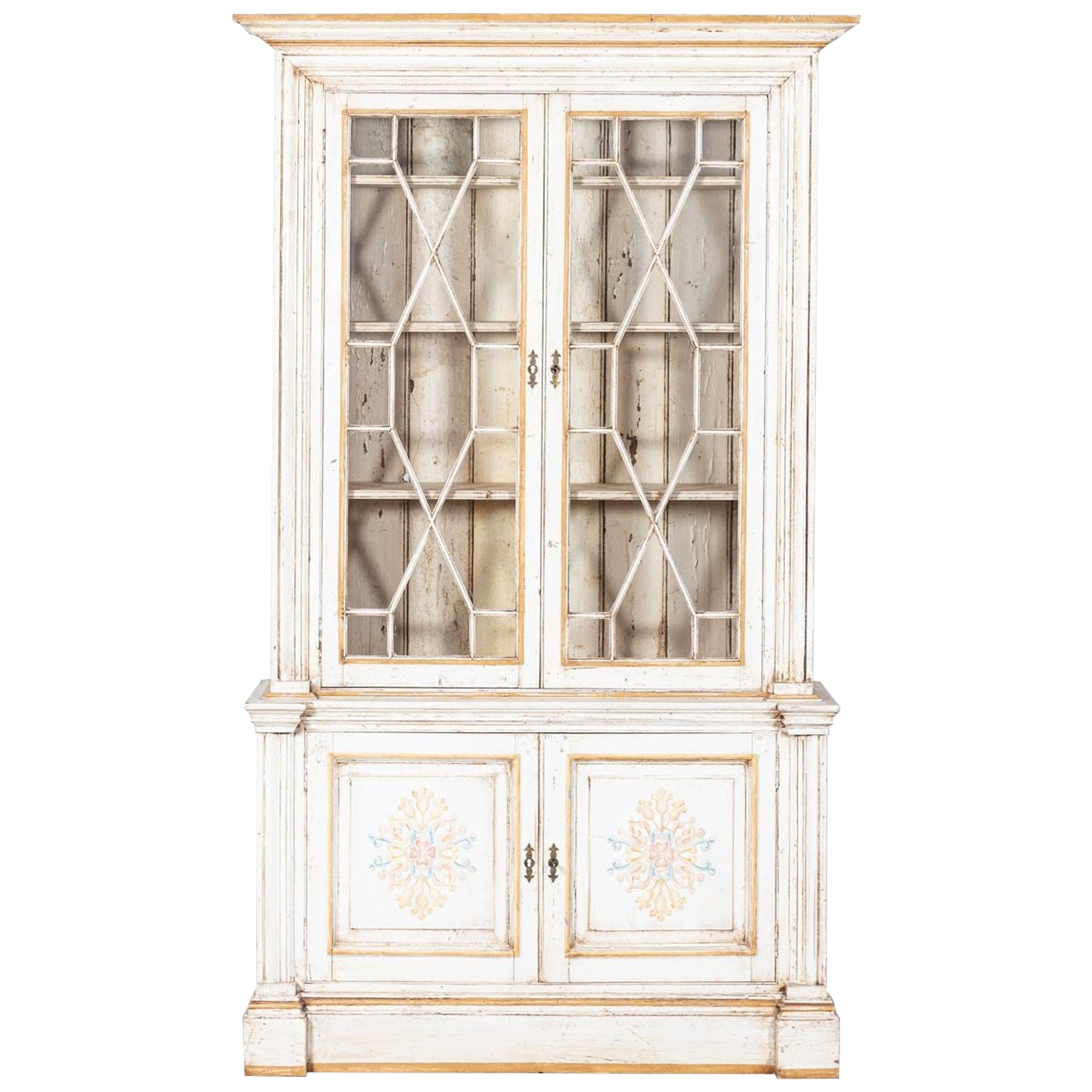 19thC English Painted Astragal Glazed Bookcase Cabinet