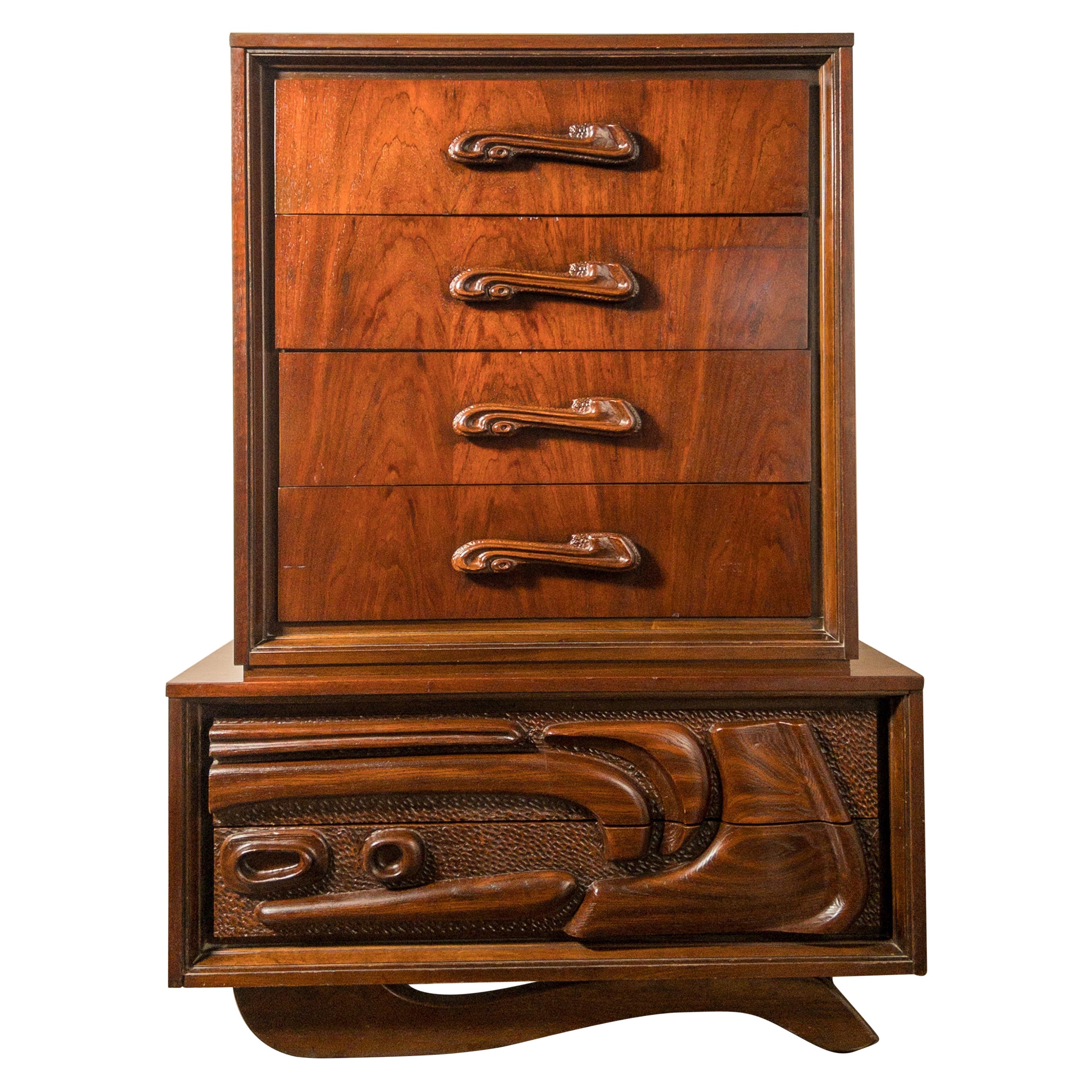 Oceanic Sculpted Walnut Highboy Dresser by Pulaski Furniture Co., circa 1969