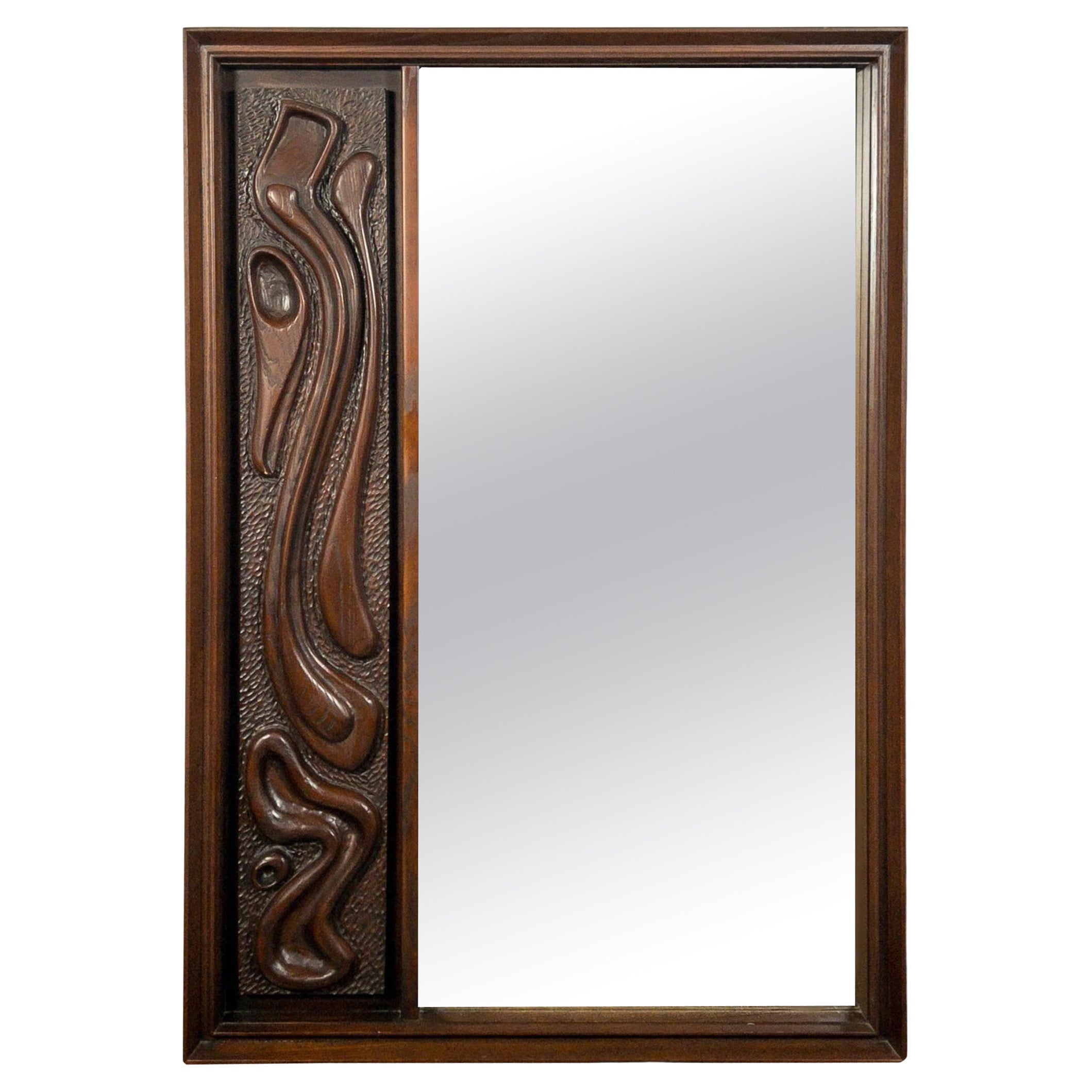 Oceanic Sculpted Walnut Wall Mirror by Pulaski Furniture Co., circa 1969 For Sale