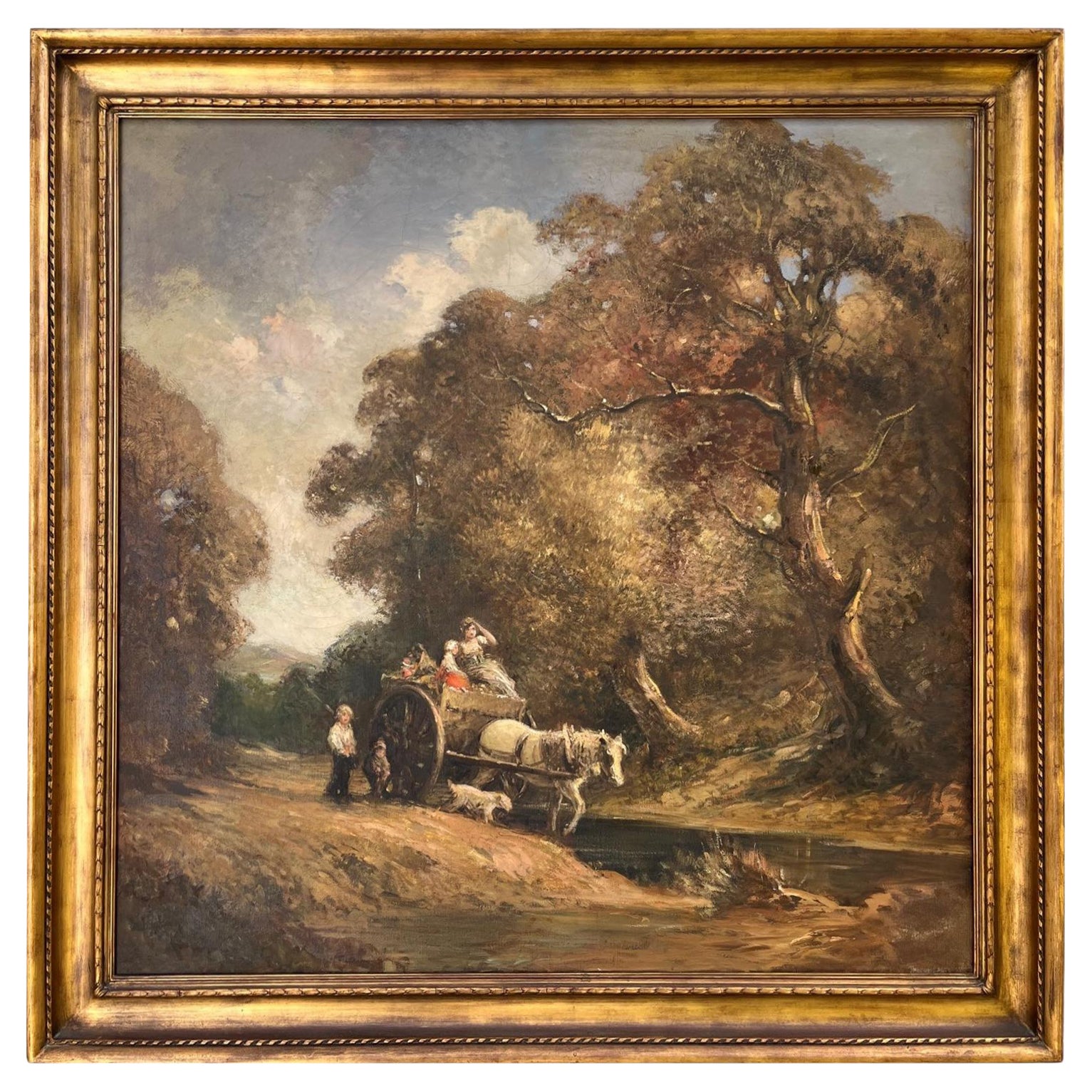 English Genre Romantic Landscape, Large Oil Painting in Newcomb-Macklin Frame