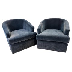 Pair of Navy Velvet Swivel Barrel Back Club Chairs Newly Upholstered