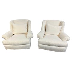 Mid-Century Modern Pair of Cream White Swivel Club Chairs with New Boucle Fabric