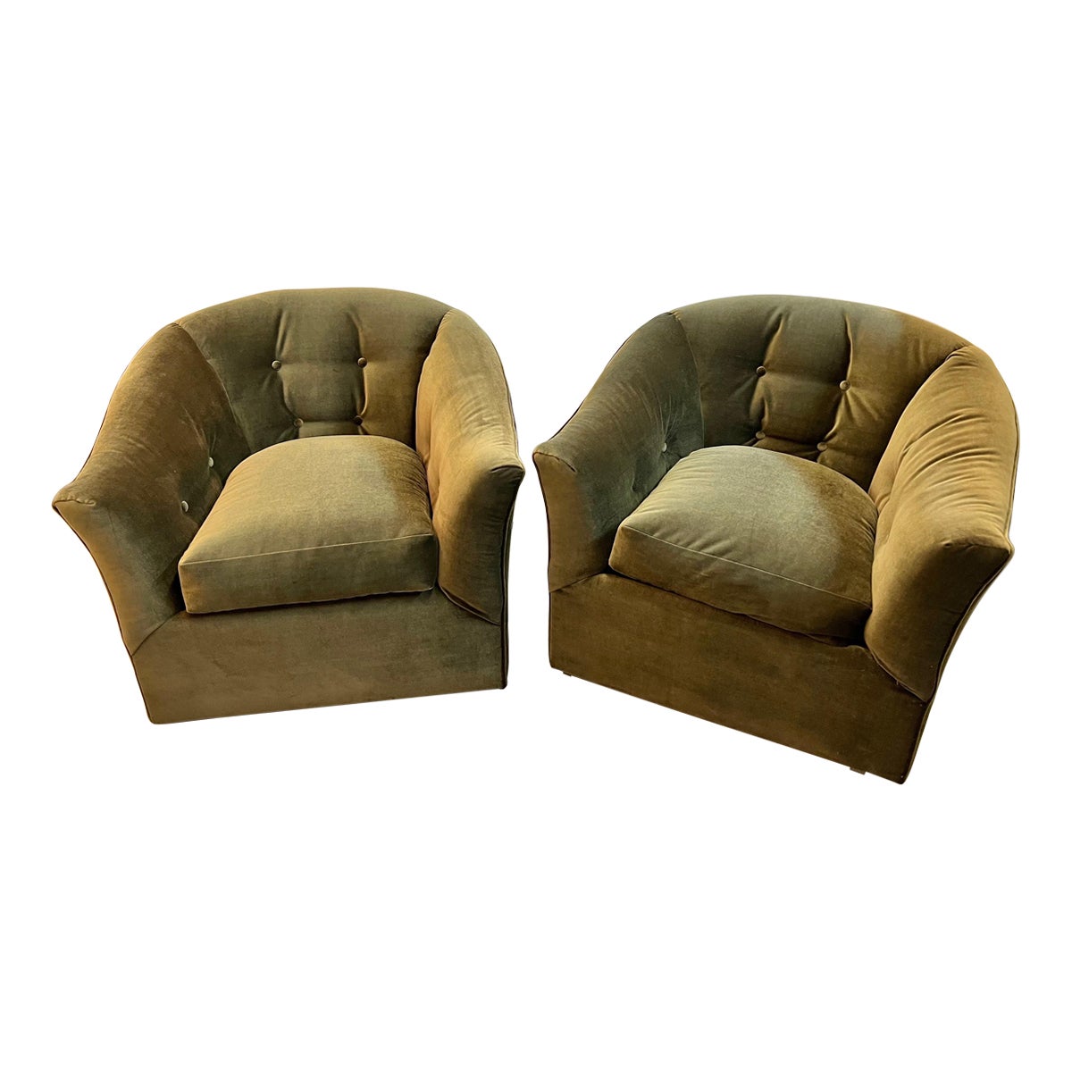 Pair of Mid-Century Modern Dark Olive Green Velvet Tufted Club Chairs