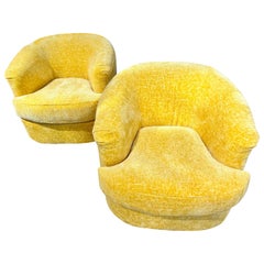 Mid-Century Modern Newly Upholstered Yellow Chenille Swivel Chairs