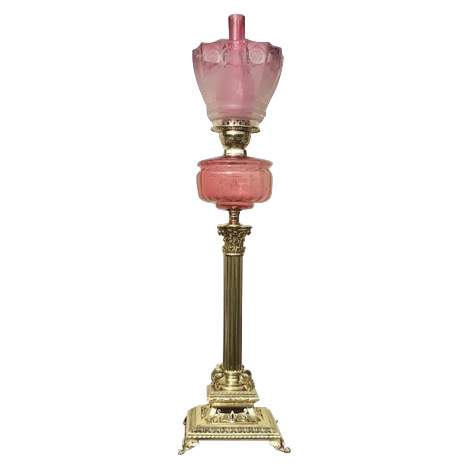 Superb Tall Antique Brass Corinthian Column Oil Lamp For Sale