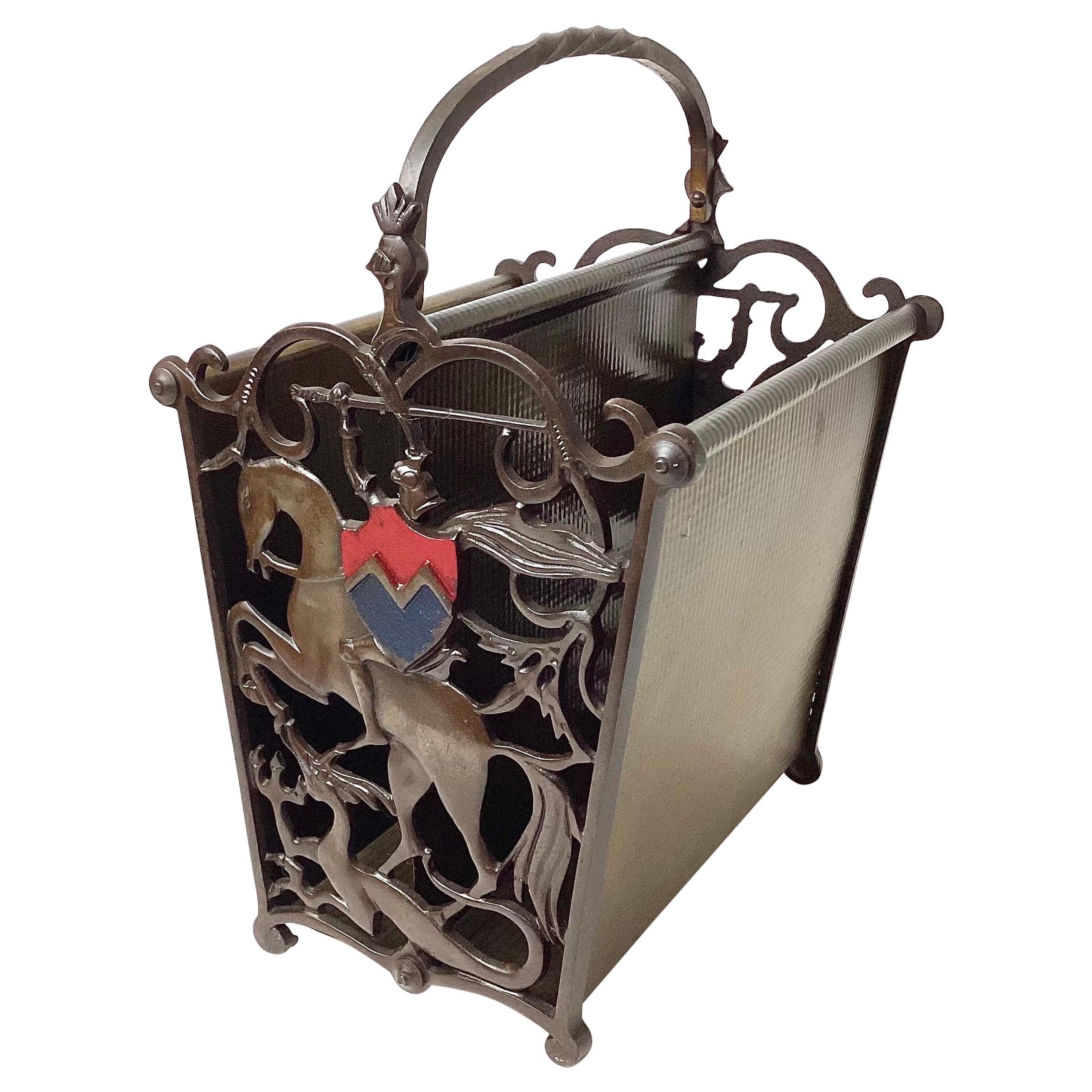 Art Deco Cats Iron Magazine Rack Holder with Horse and Shield For Sale