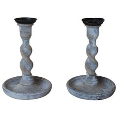 Pair of Antique Limed Oak Twisted Column Candlesticks, English, circa 1920
