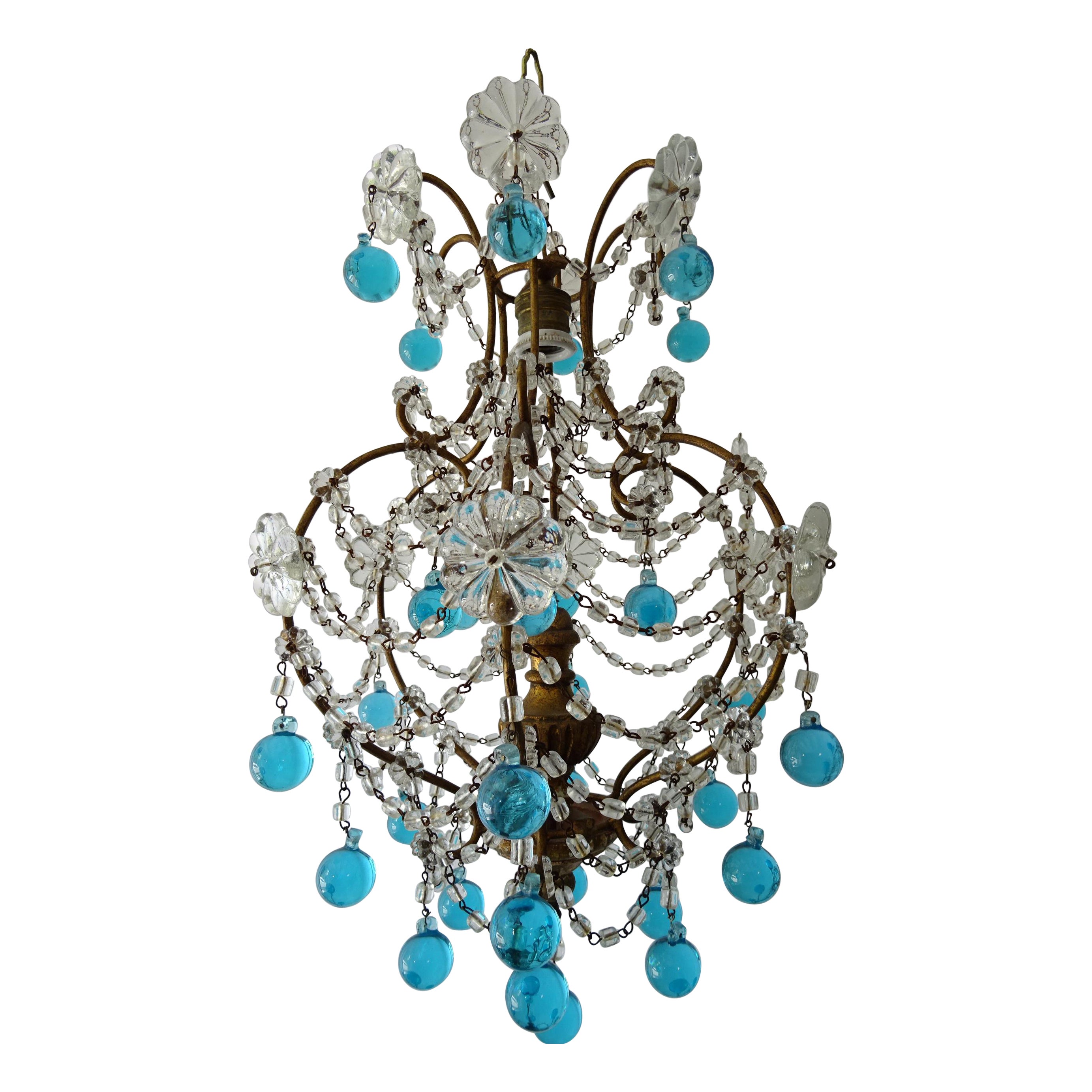 Lustre français à prismes en cristal de Murano bleu avec gouttes, c. 1920