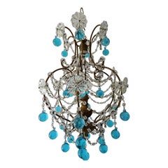 Lustre français à prismes en cristal de Murano bleu avec gouttes, c. 1920