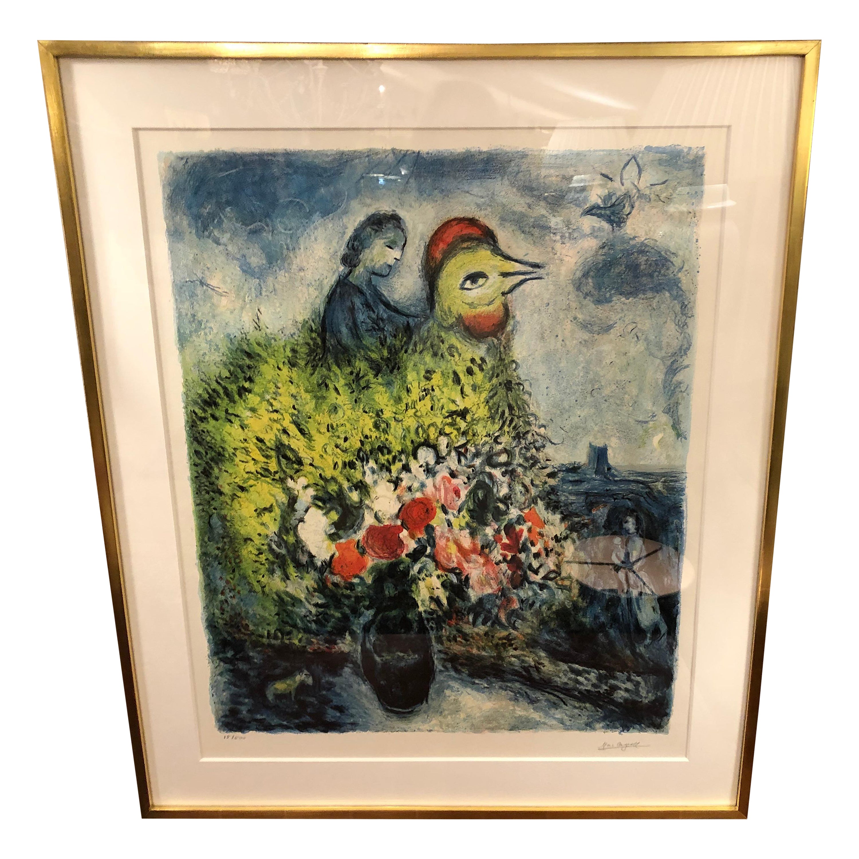  Impression Chagall Le Coq Avec Le Bouquet Jaune Signé et numéroté Édition limitée en vente