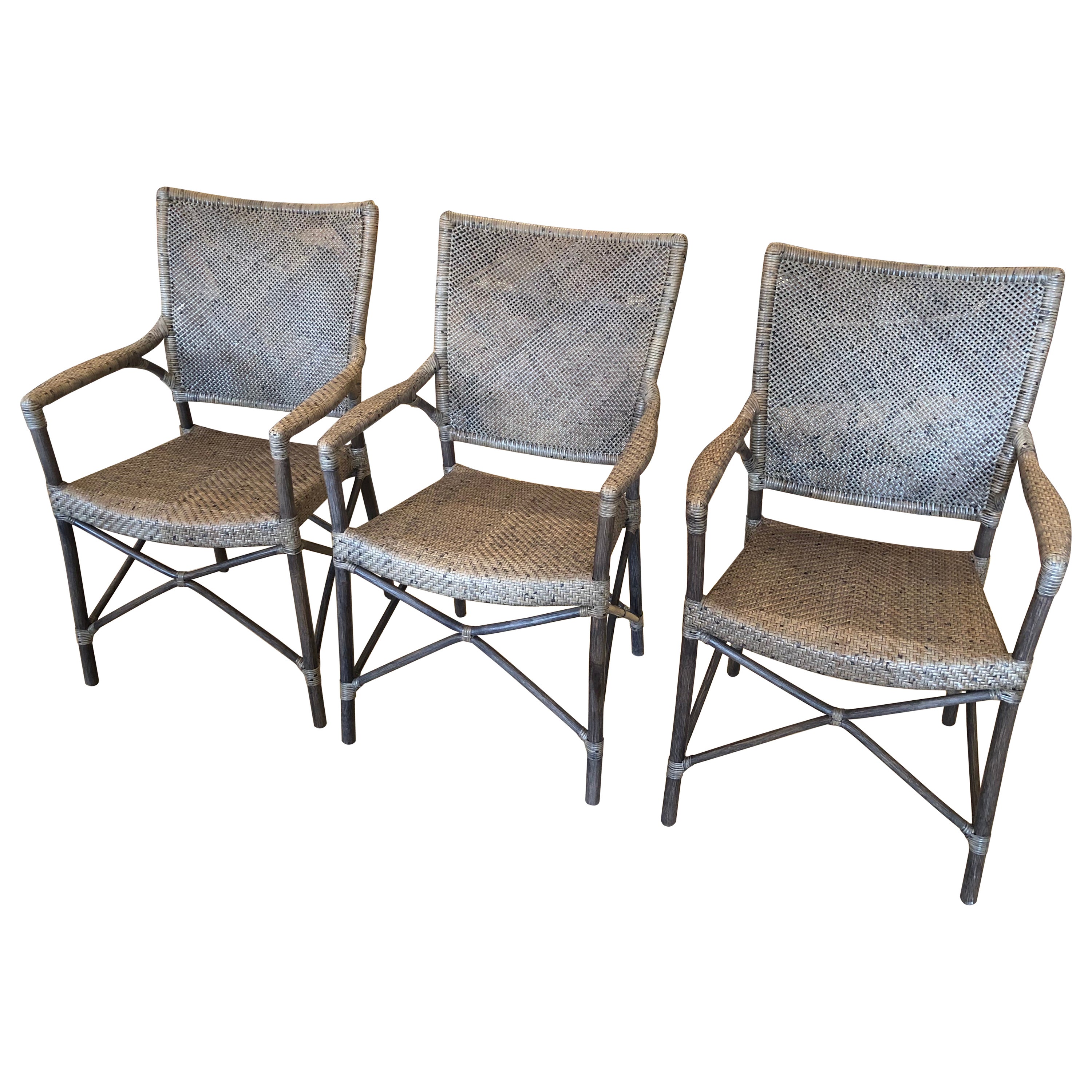 Great Looking Taupe Rattan Woven Armchairs by Janus Et Cie For Sale