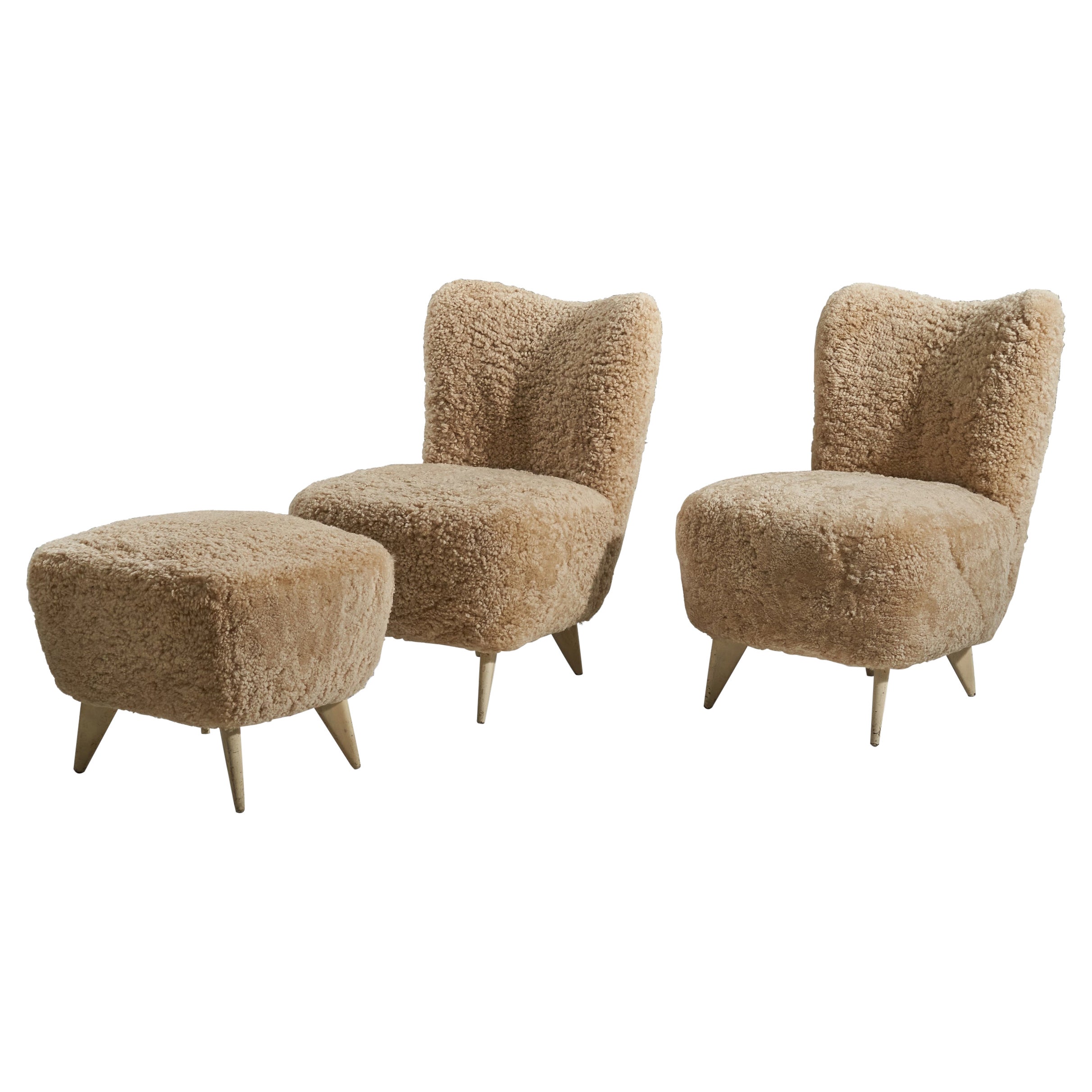 Guglielmo Veronesi, Rare "Perla" Slipper Chairs, Shearling and Wood Italy, 1950s