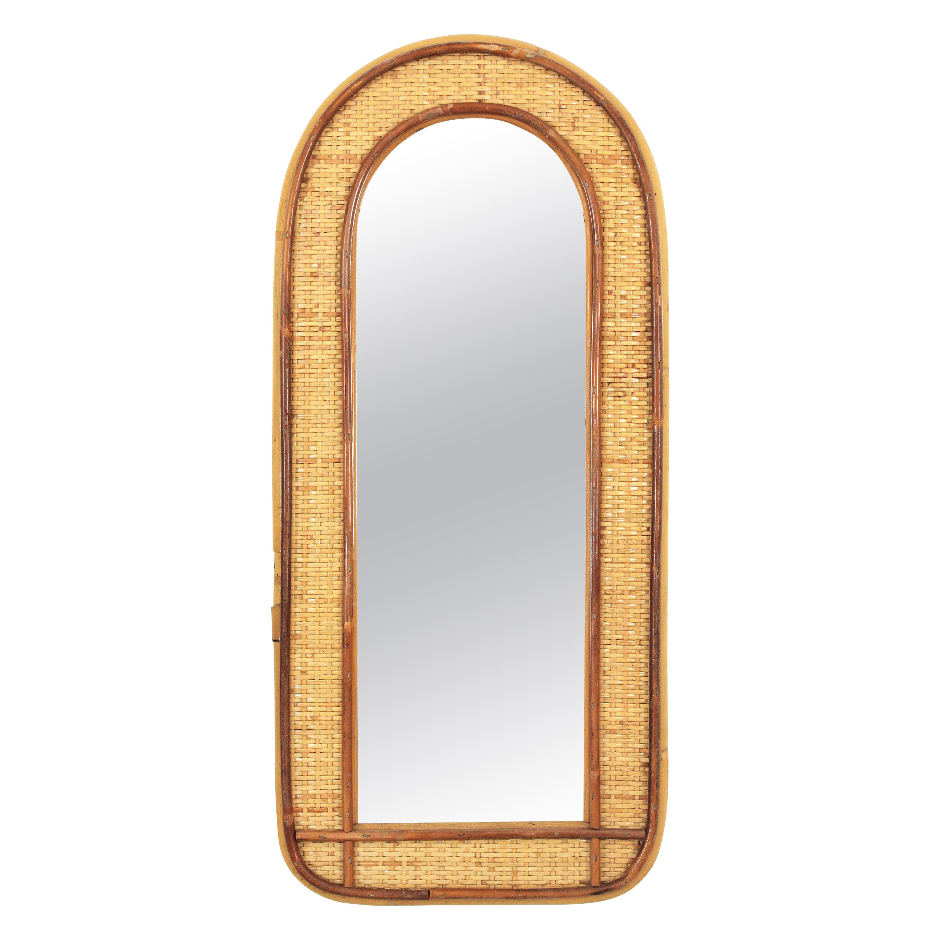 Rattan Woven Wicker Wall Mirror with Arched Top For Sale