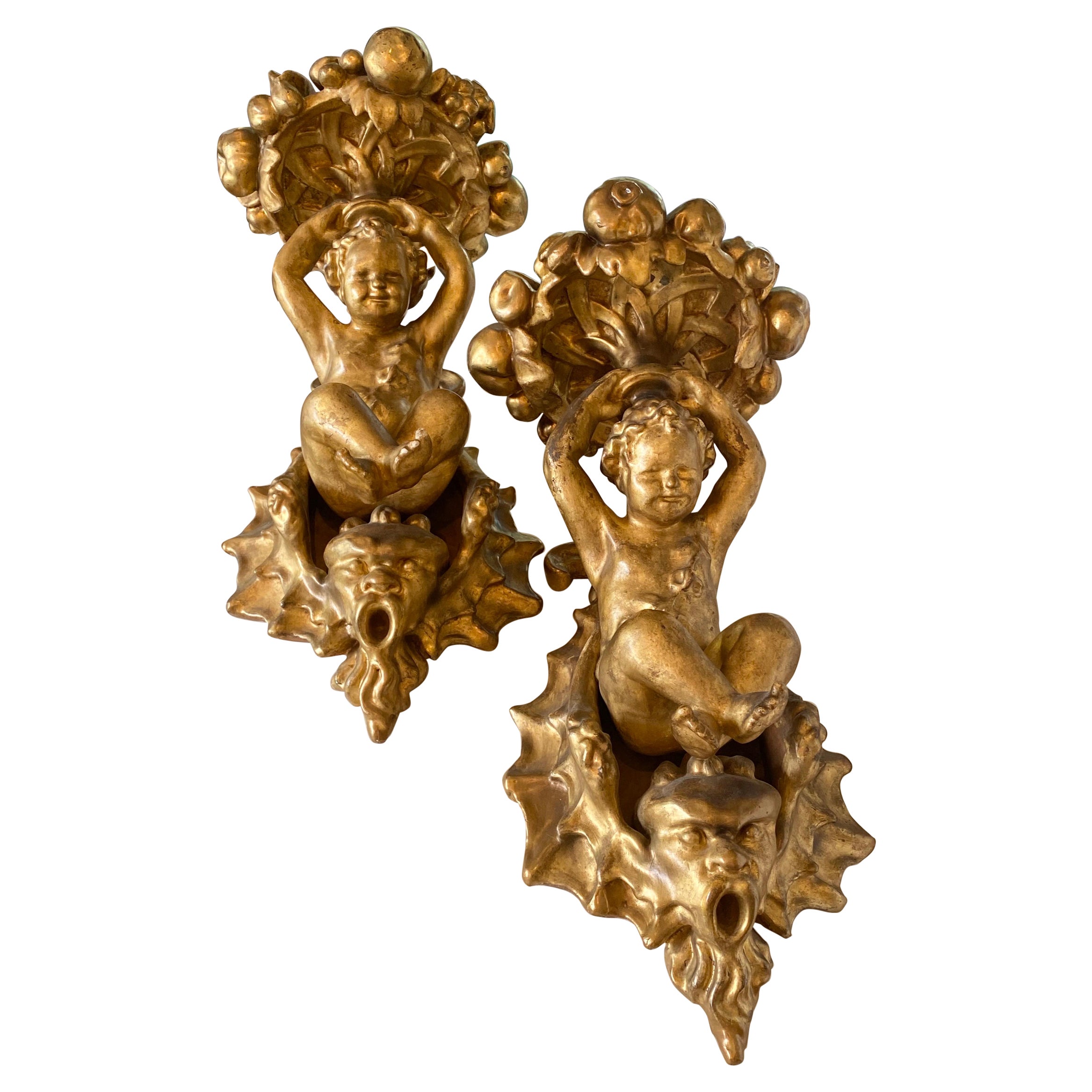 19th Century Putti and Shell Gilt Wall Brackets For Sale