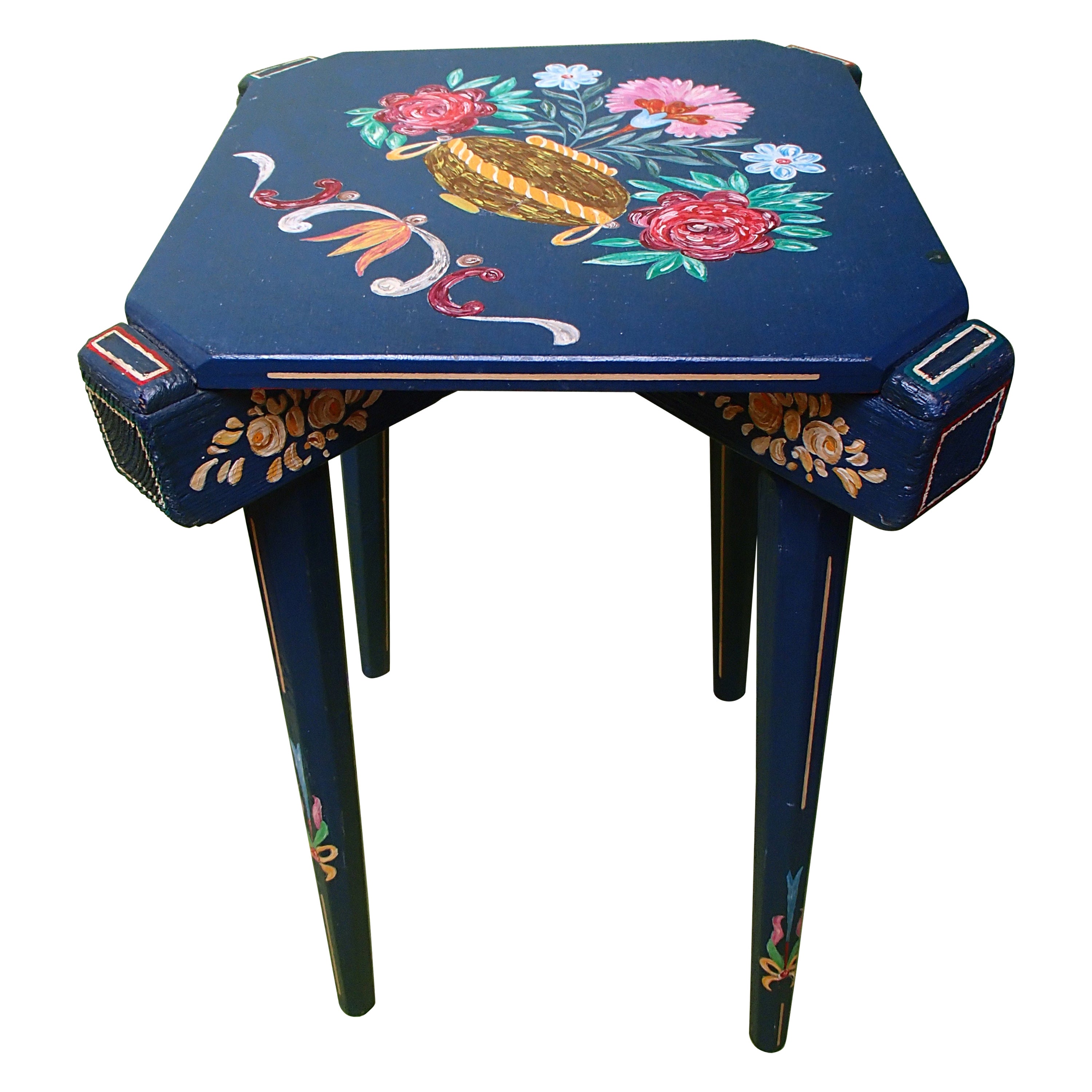 19th century folk art blue wooden stool or side table hand painted flowers