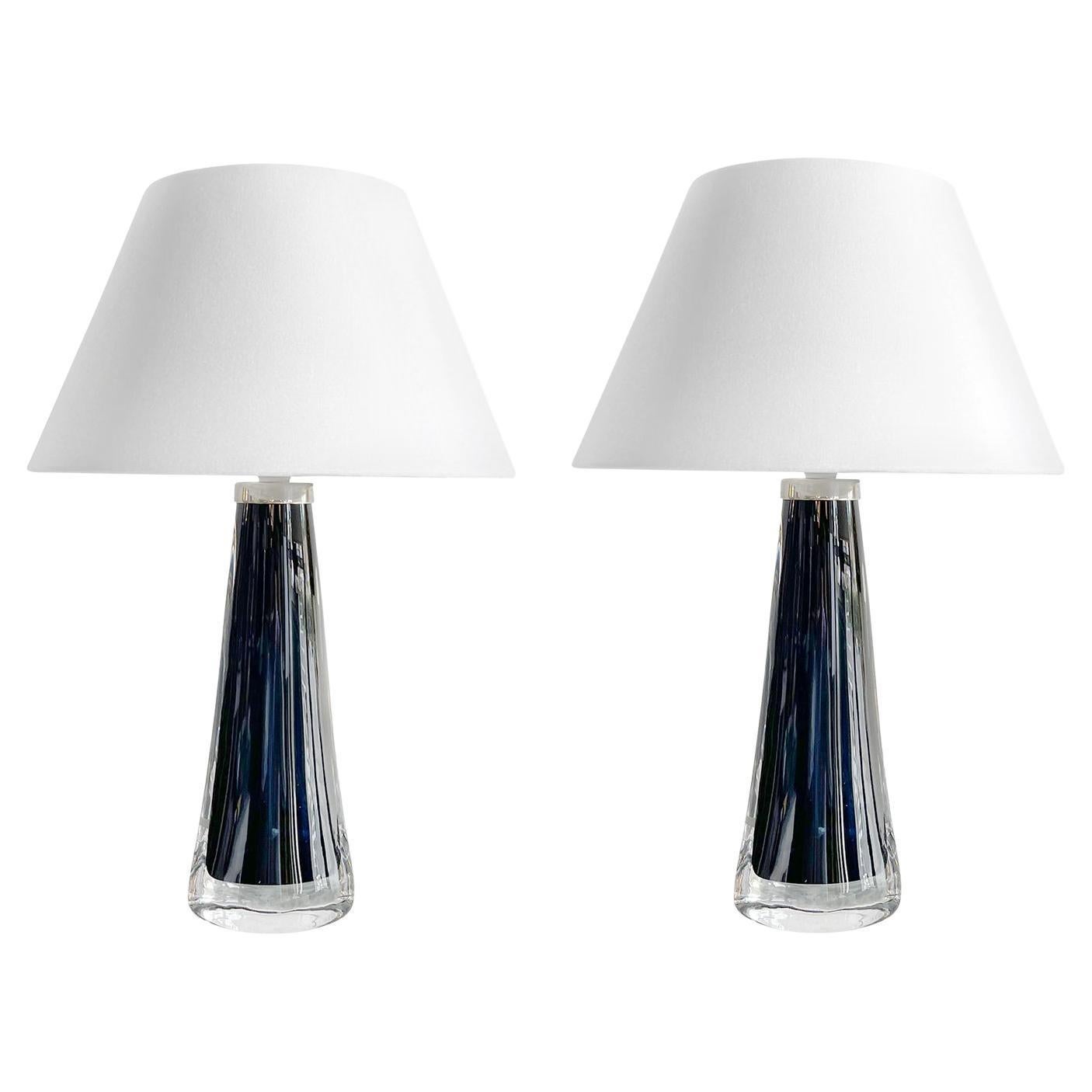 20th Century Dark-Blue Swedish Pair of Orrefors Table Lights by Carl Fagerlund For Sale