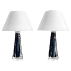 Retro 20th Century Dark-Blue Swedish Pair of Orrefors Table Lights by Carl Fagerlund