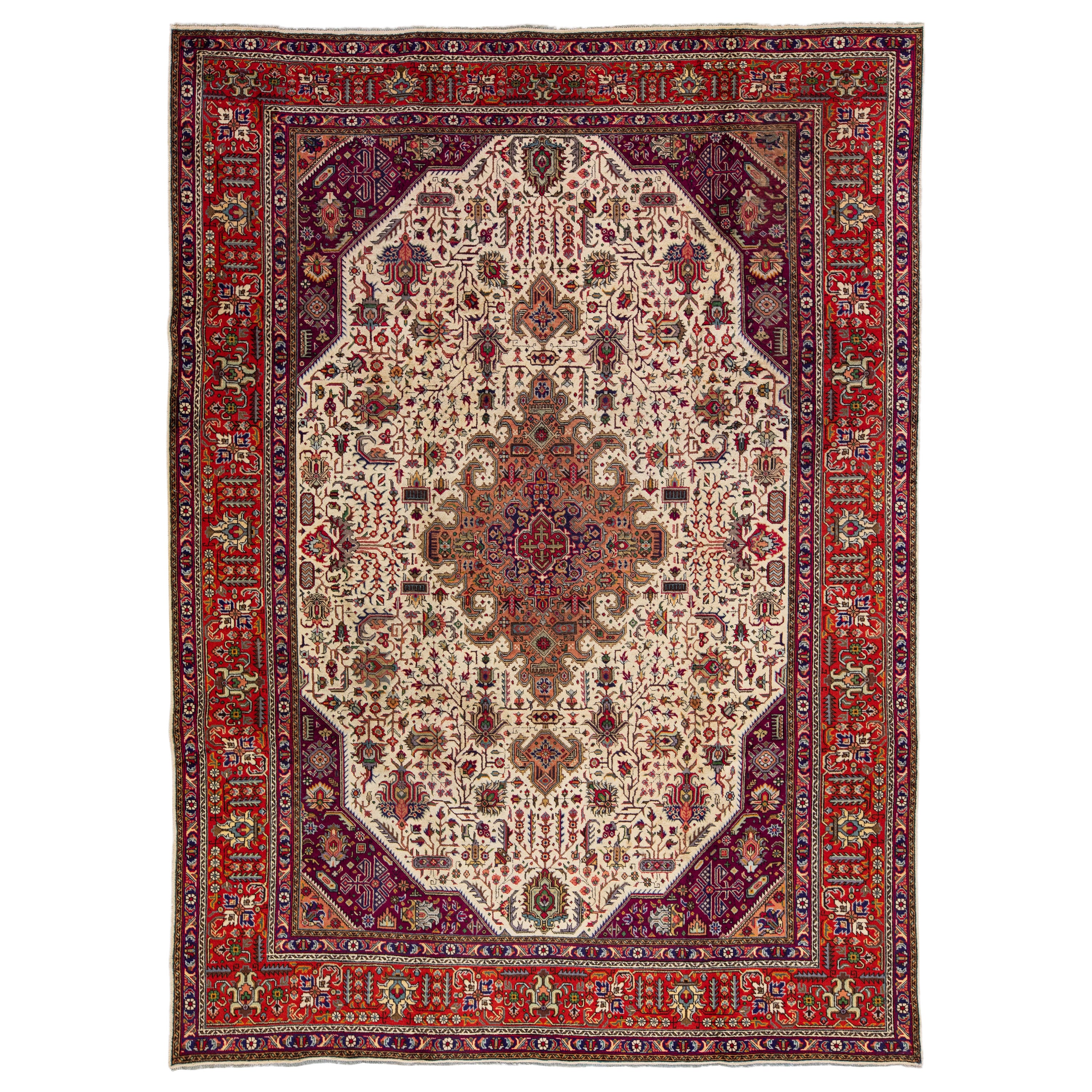 Antique Tabriz Handmade Allover Designed Beige & Red Persian Wool Rug For Sale