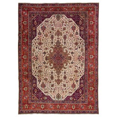 Antiker handgefertigter, beigefarbener und roter Perserteppich aus persischer Wolle, Tabriz