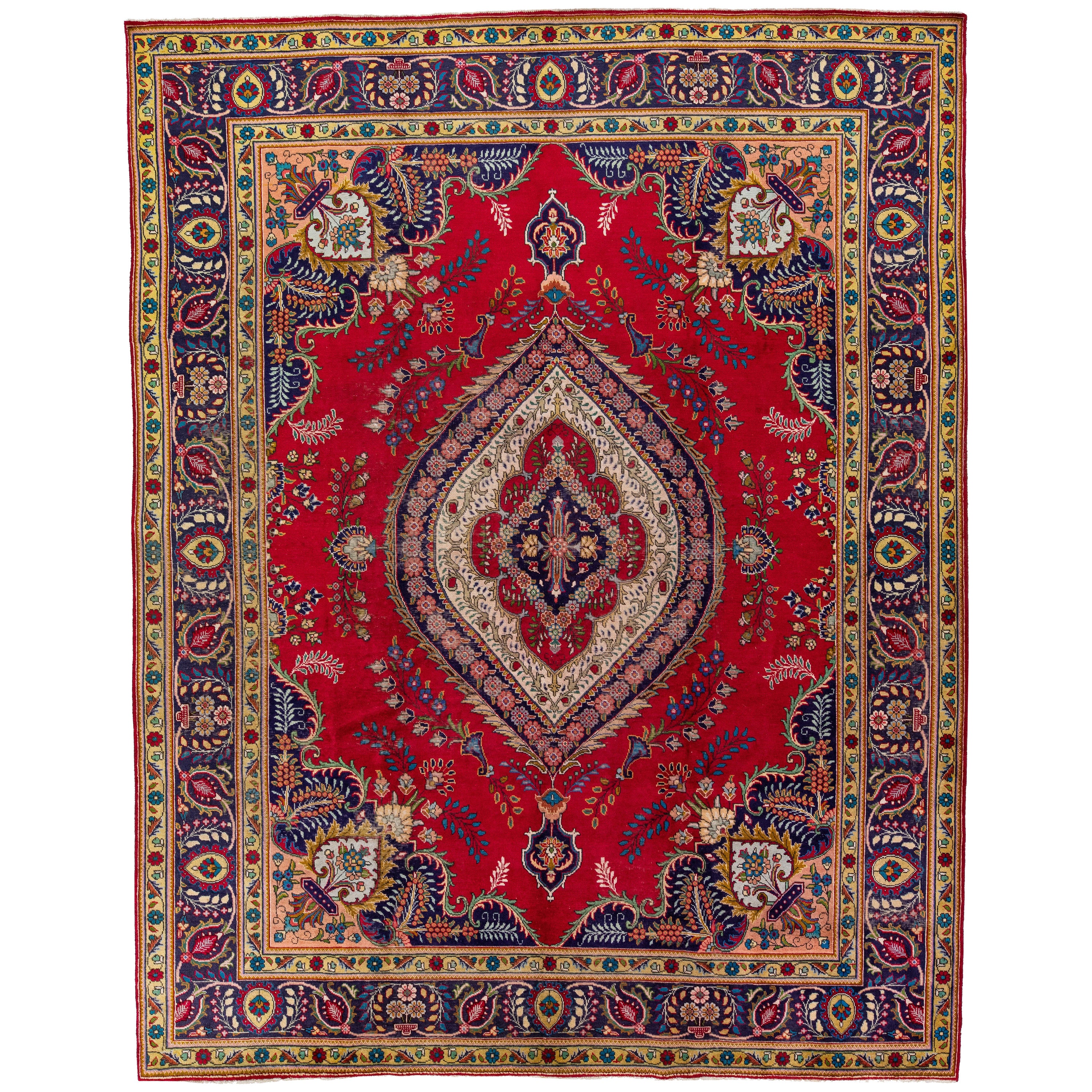 Red Antique Tabriz Handmade Persian Wool Rug with Multicolor Shah Abbasi Desing For Sale