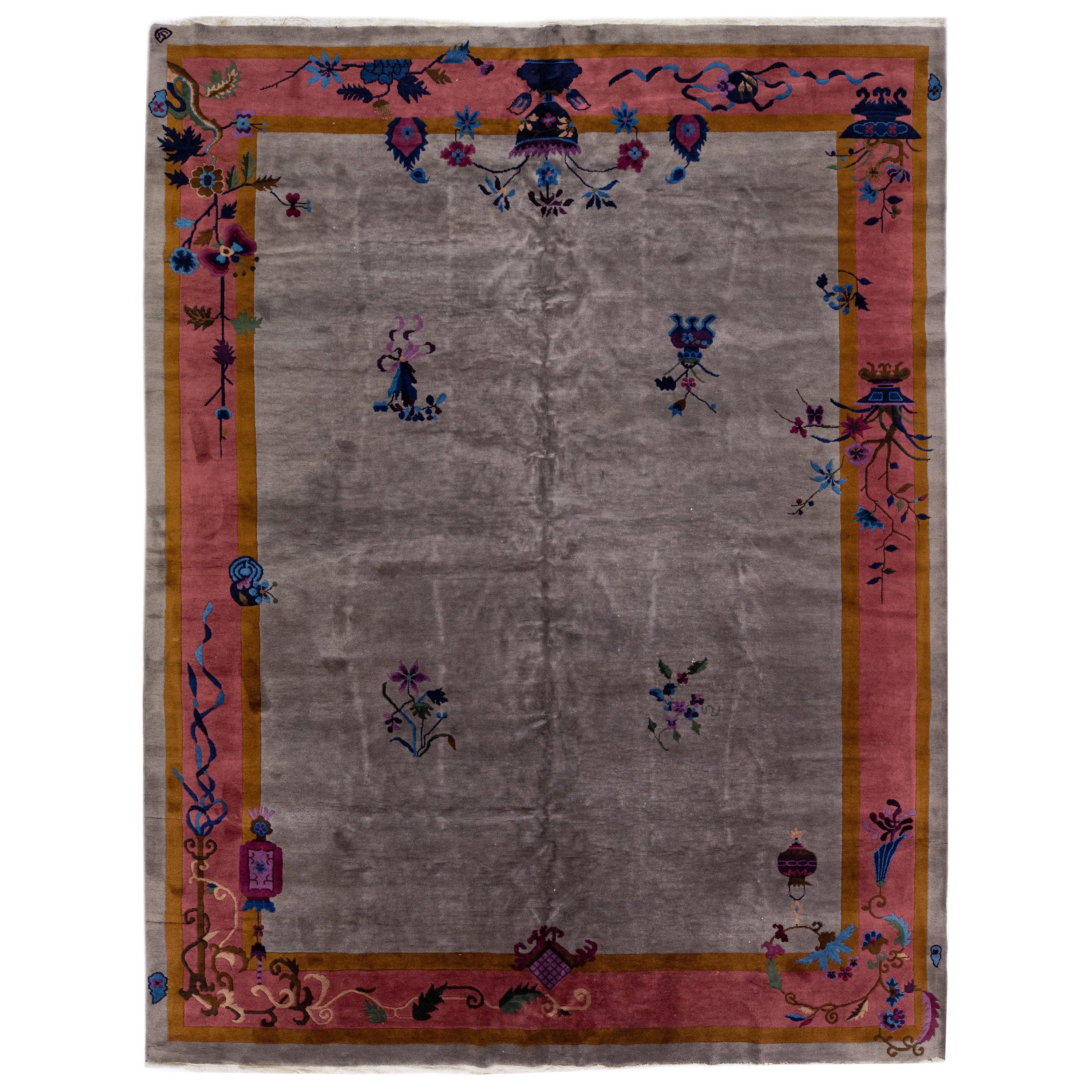 20th Century Antique Art Deco Handmade Gray Chinese Wool Rug With Floral Design For Sale