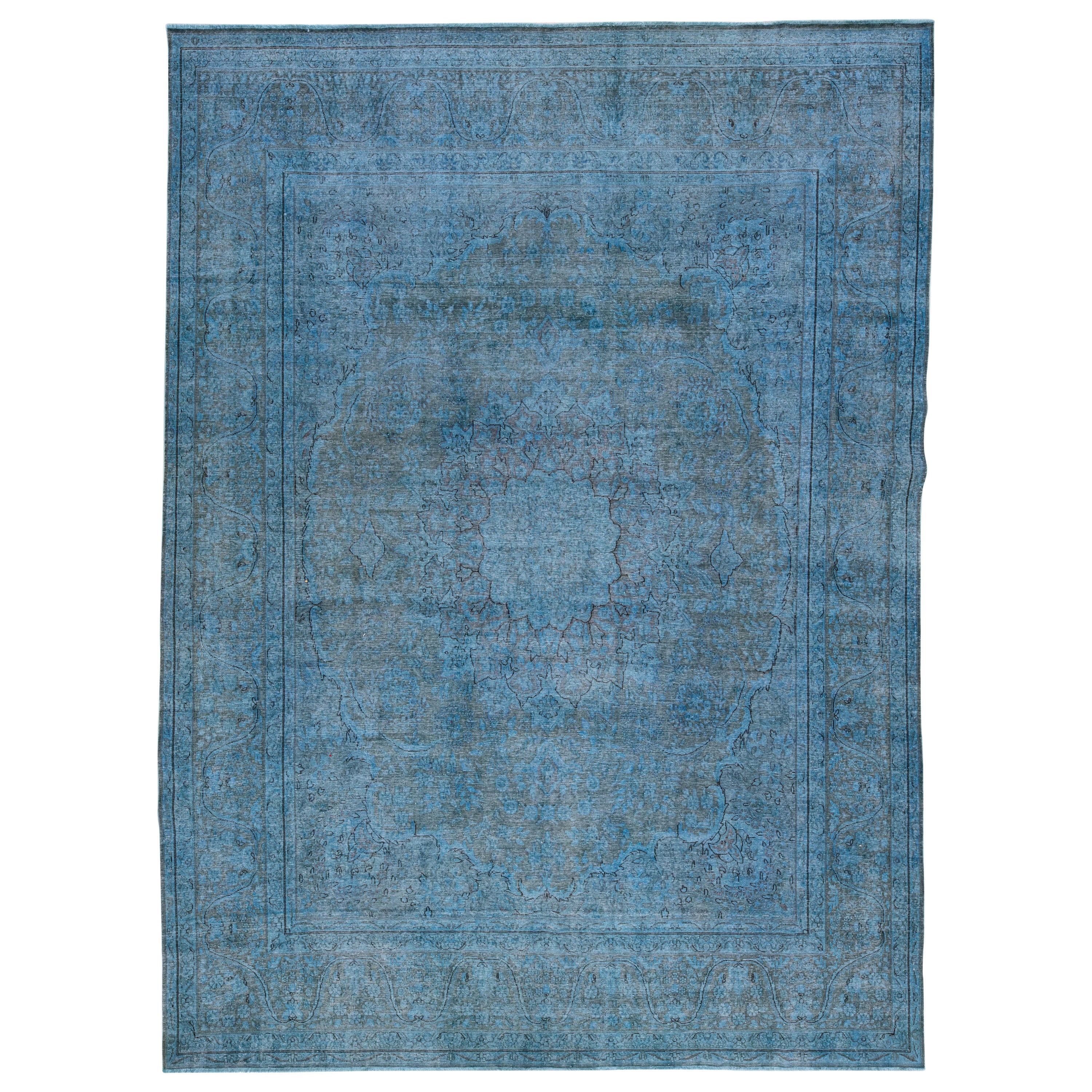 Vintage Persian Overdyed Handmade Medallion Blue Wool Rug For Sale