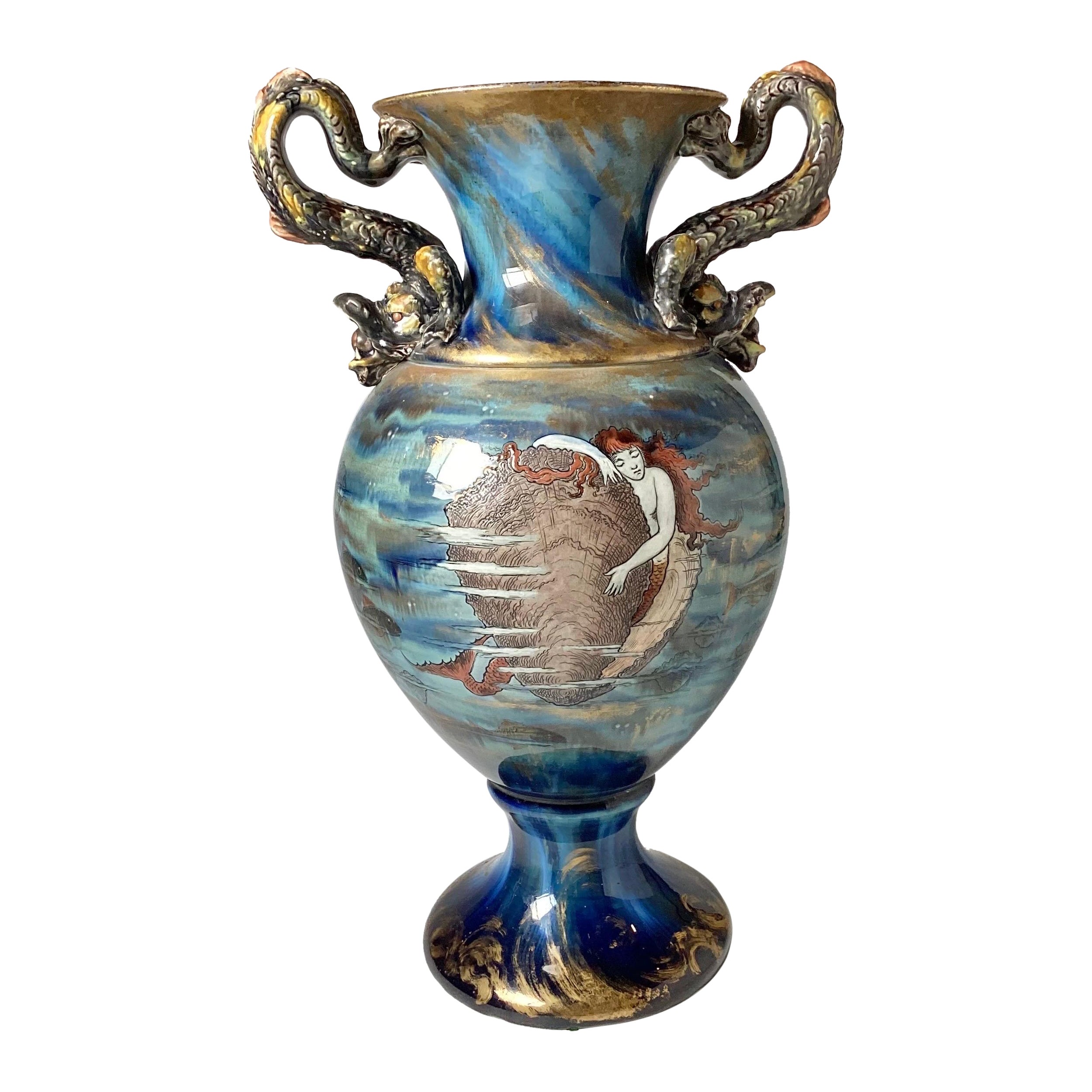 Continental Hand Painted Large Aquatic Dragon Handled Vase For Sale