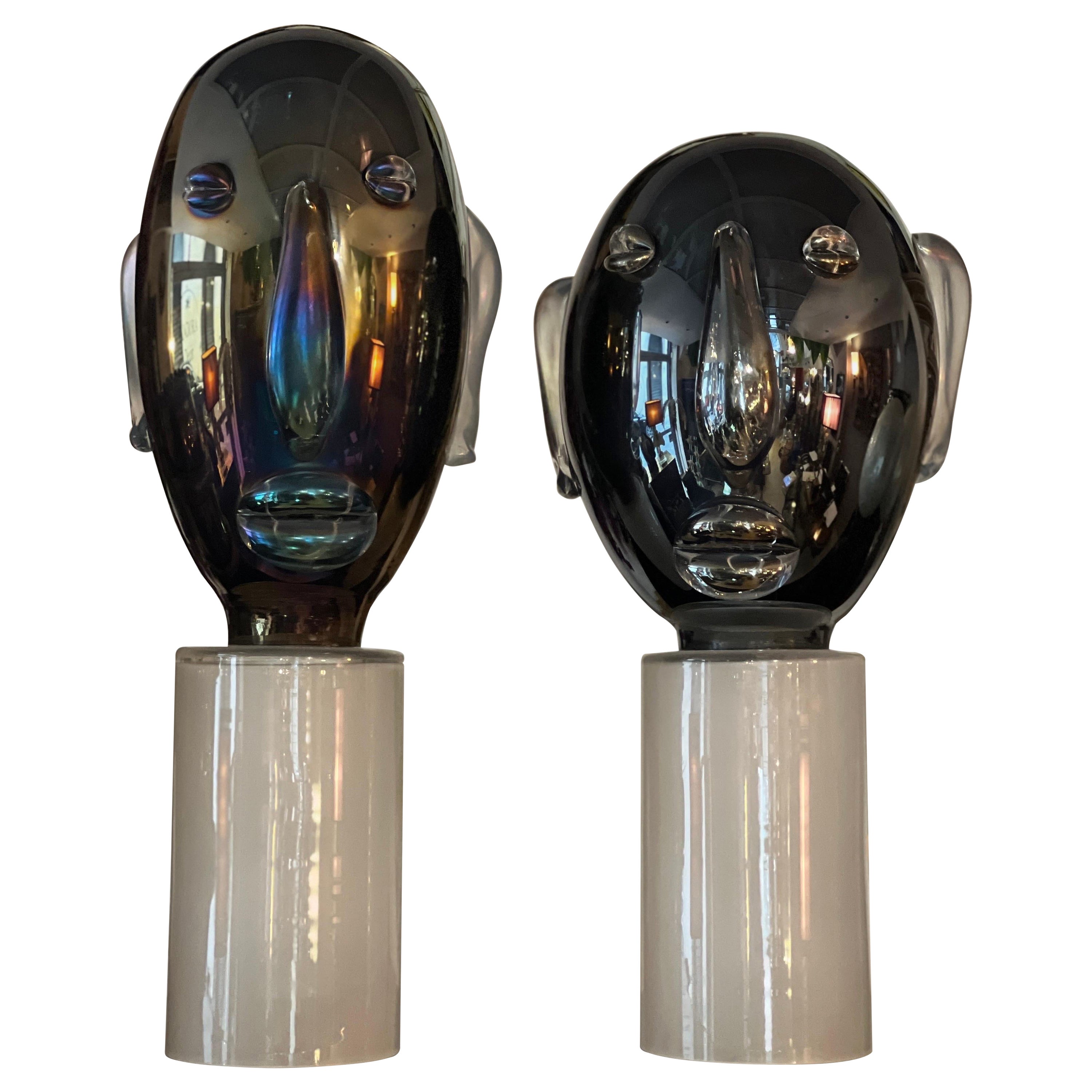 Pair of Modernist Murano Glass Sculptures Head Shaped Picasso Style, 1980