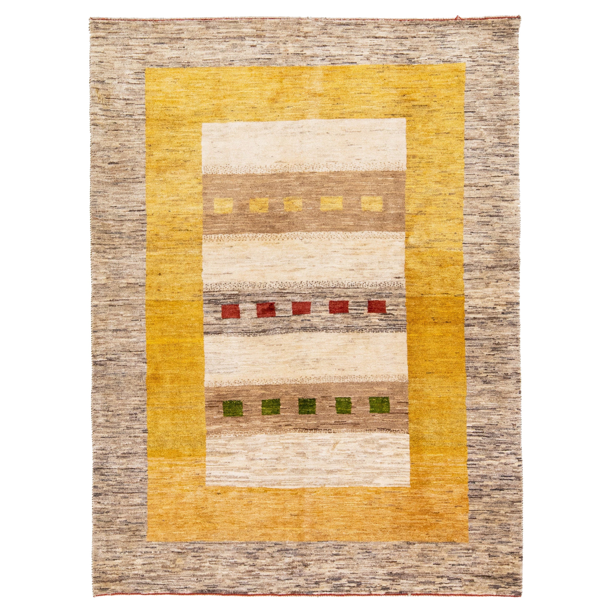 Moderner Persischer Gabbeh Handgefertigter Teppich aus brauner und gelber Wolle  im Angebot