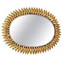 Spanish Sunburst Oval Mirror in Gilt Iron, 1950s