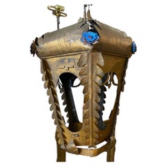 1900 Art Nouveau Gold and Blue Painted Iron Lantern