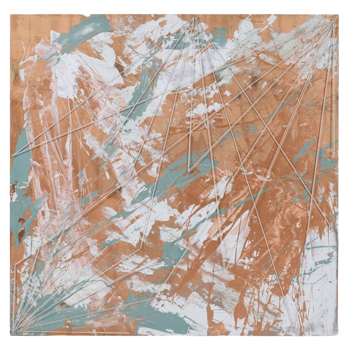 Emily Tan Copper and Sage Green Abstract Drip Painting with String For Sale