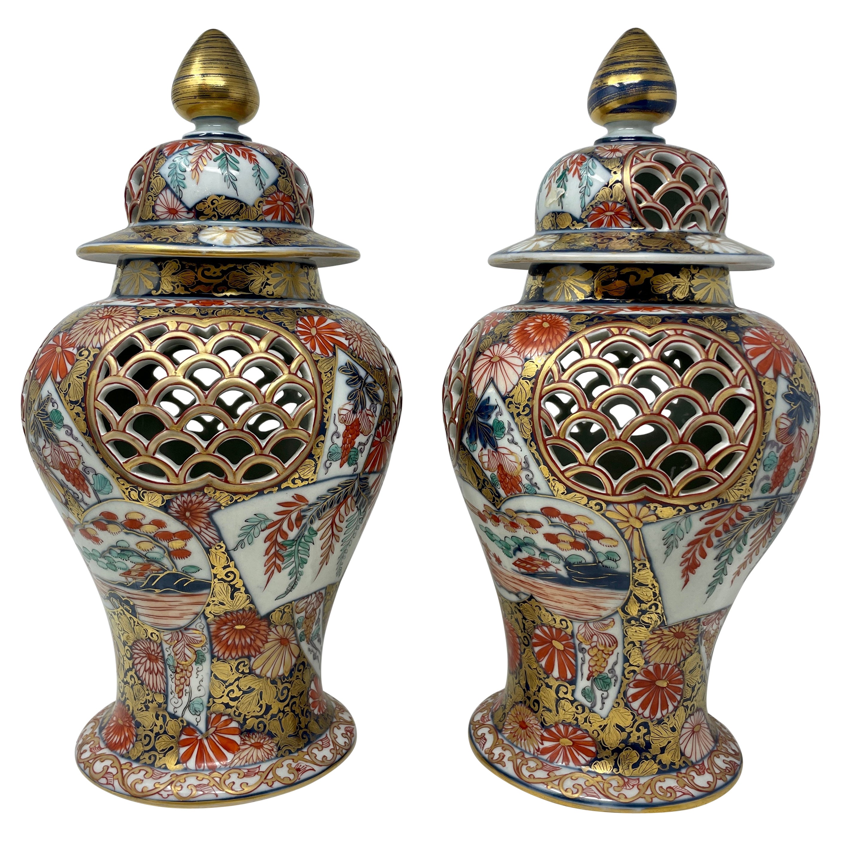 Pair Antique Japanese Imari Porcelain Urns with Reticulated Pierce Work, Ca 1880 For Sale