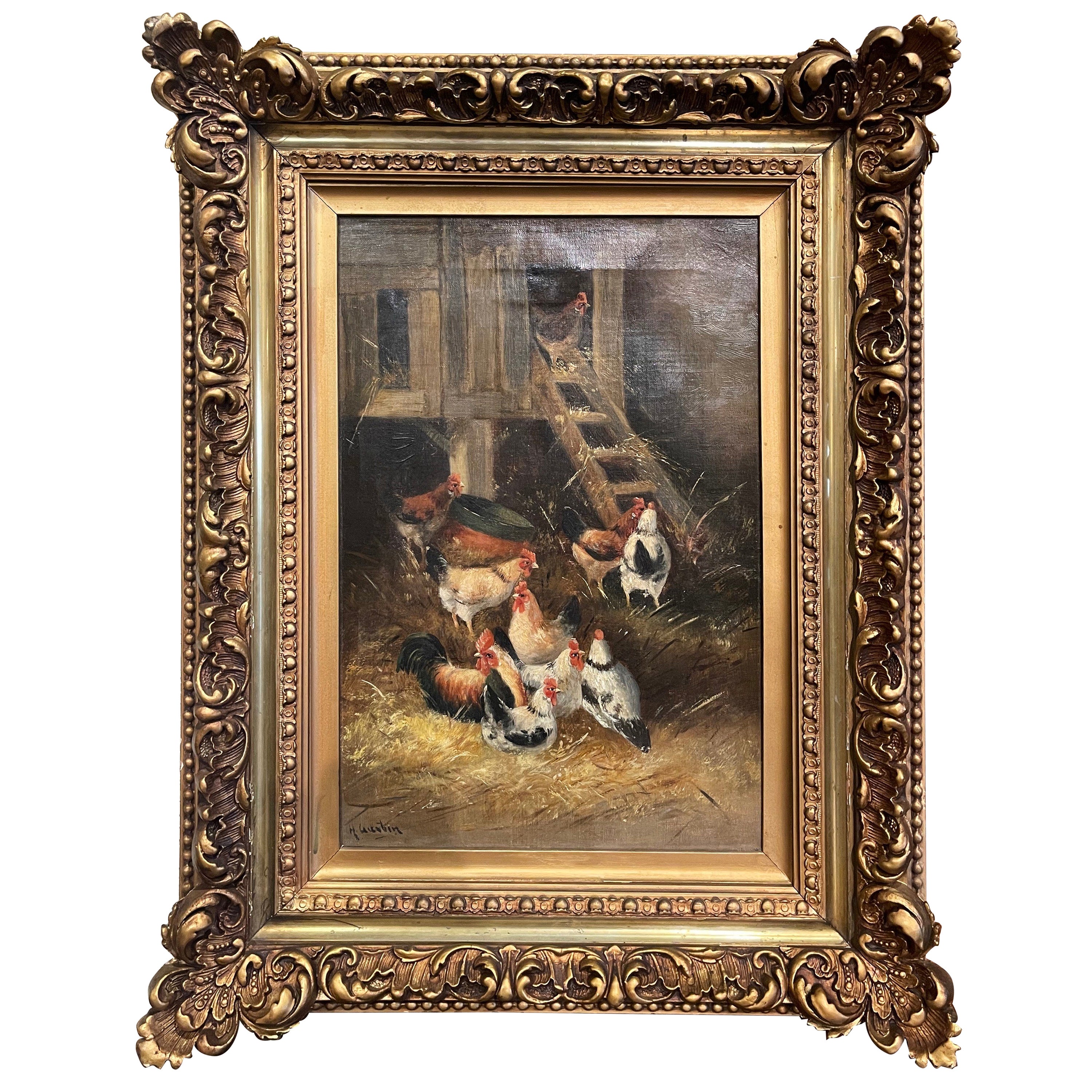 19th Century Oil on Canvas Chicken Painting in Gilt Frame Signed H. Gustin