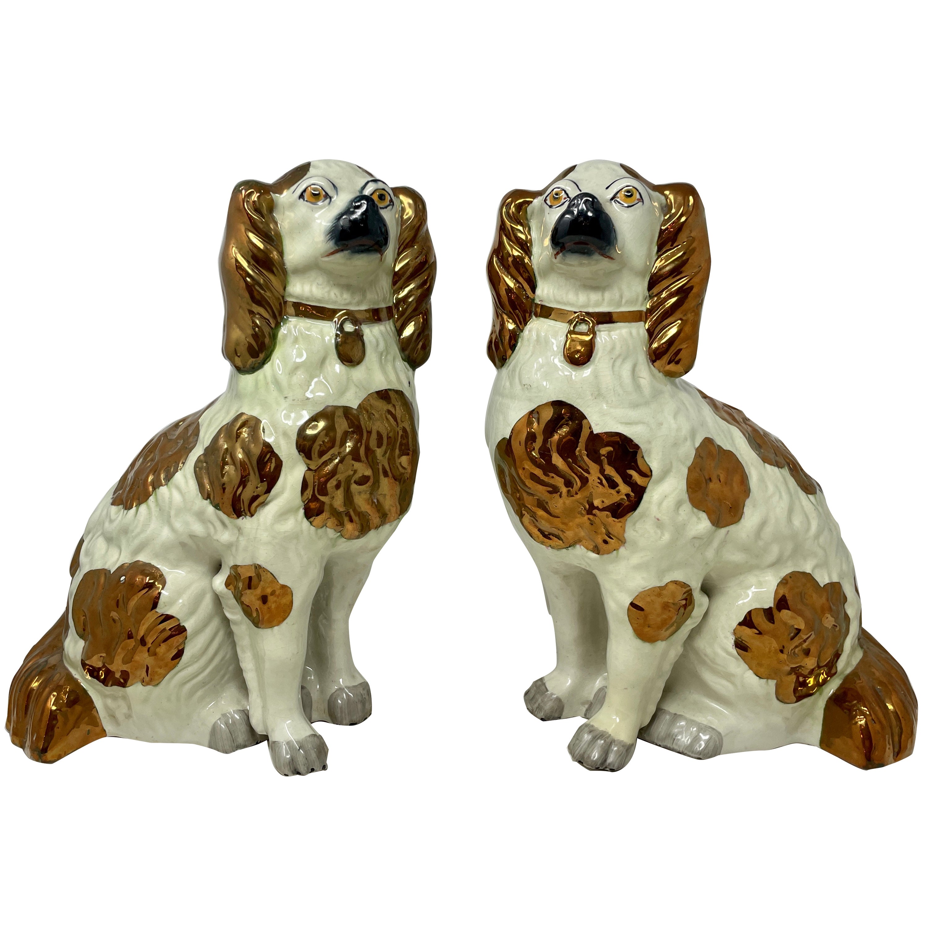 Pair Antique English Staffordshire Porcelain King Charles Spaniel Dogs, Ca. 1890