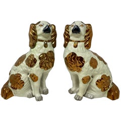 Pair Antique English Staffordshire Porcelain King Charles Spaniel Dogs, C. 1900s