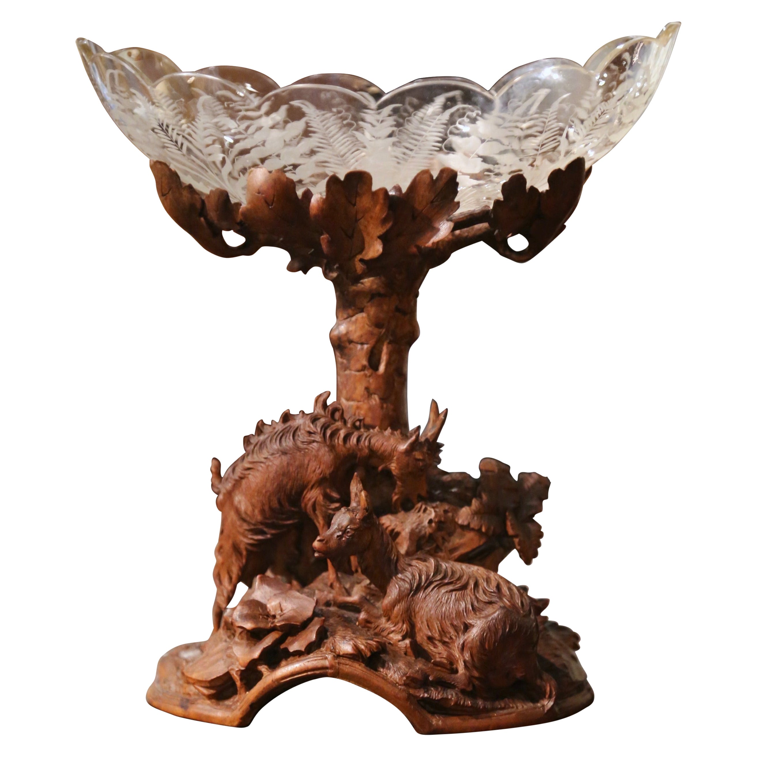 19th Century Black Forest Carved Walnut and Crystal Center Piece with Goat Decor For Sale